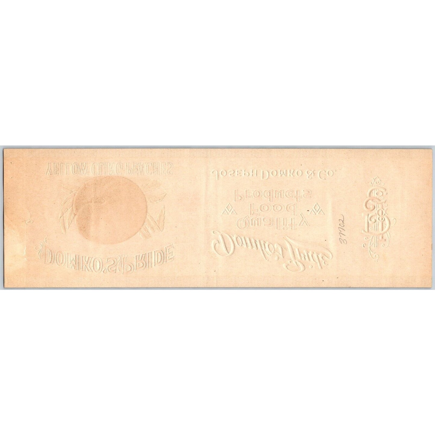 Domko's Pride Yellow Cling Peaches Paper Can Label Chicago c1930's-40's Embossed