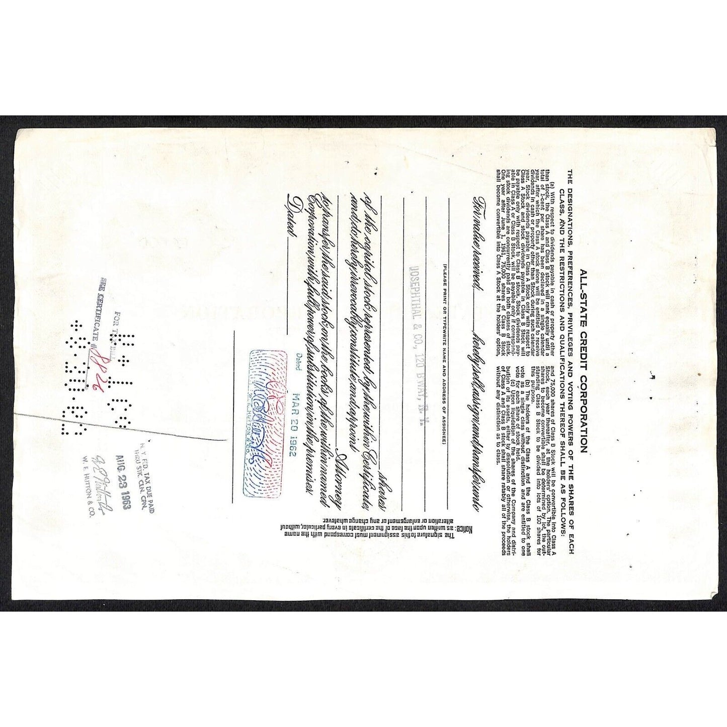 All State Credit Corporation NY 1962 Stock Certificate to: W.E. Hutton & Co.