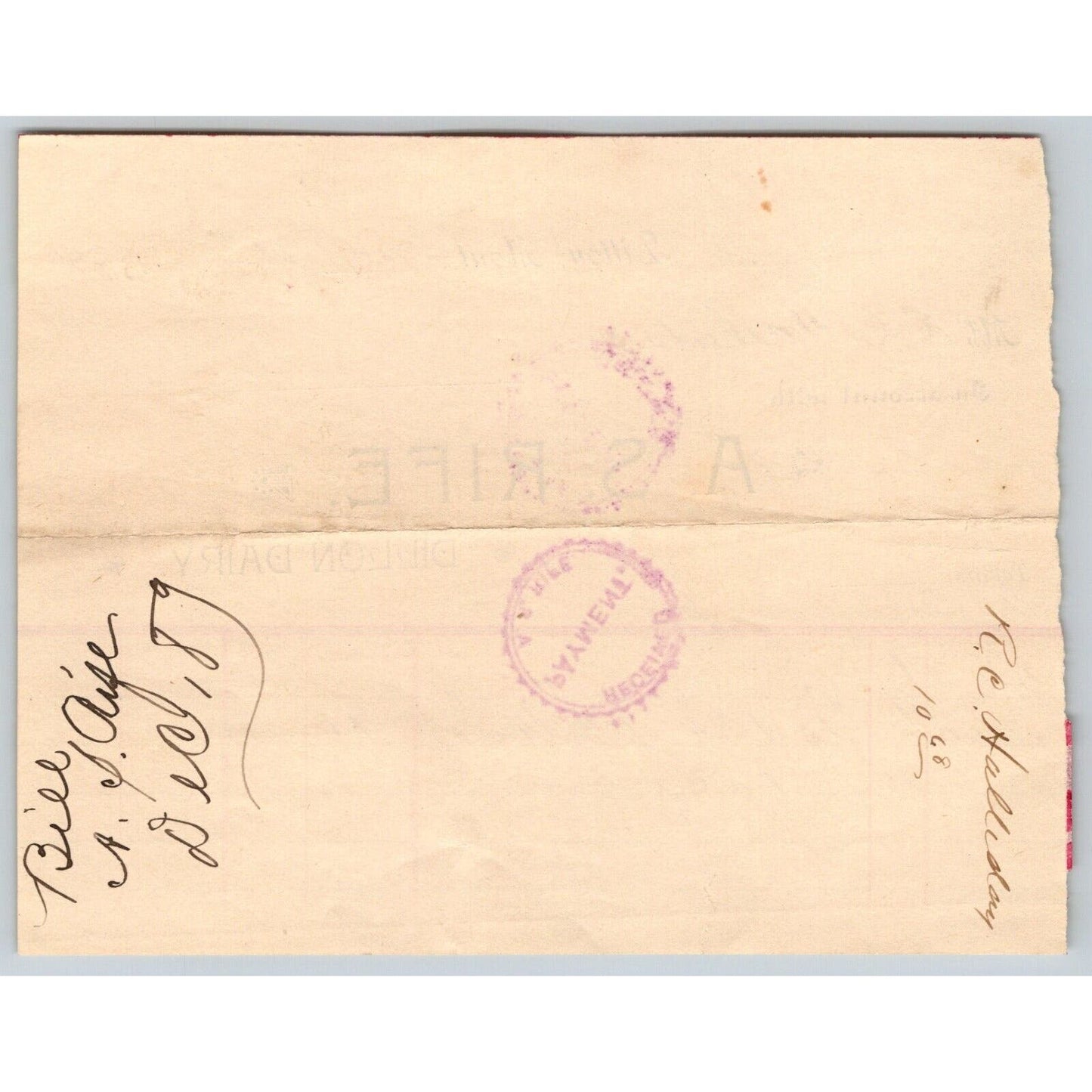 Dillon MT A.S. Rife Dillon Dairy 1889 Billhead 124 Quarts of Milk R.C. Halliday*