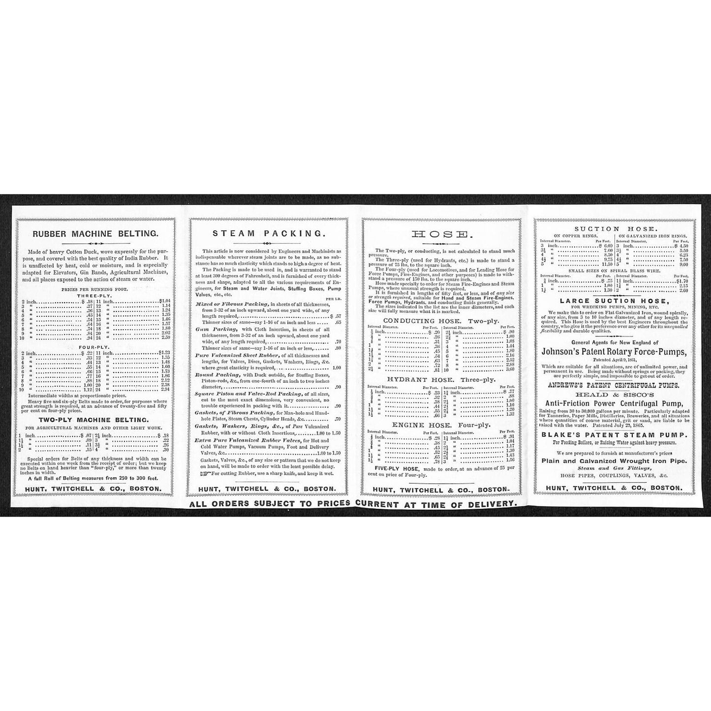 Hunt, Twitchell & Co. Boston Rubber Fabrics Leather Belting Fire Hose Price List