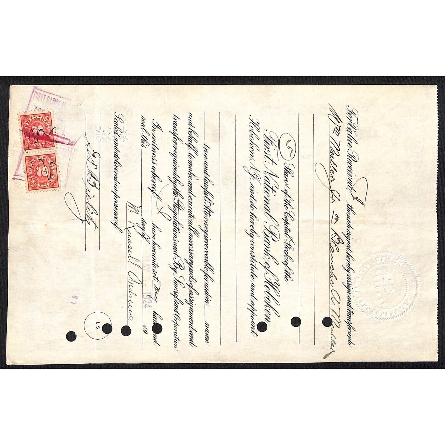 First National Bank of Hoboken NJ 1924 Stock Certificate M. Russell Andrews