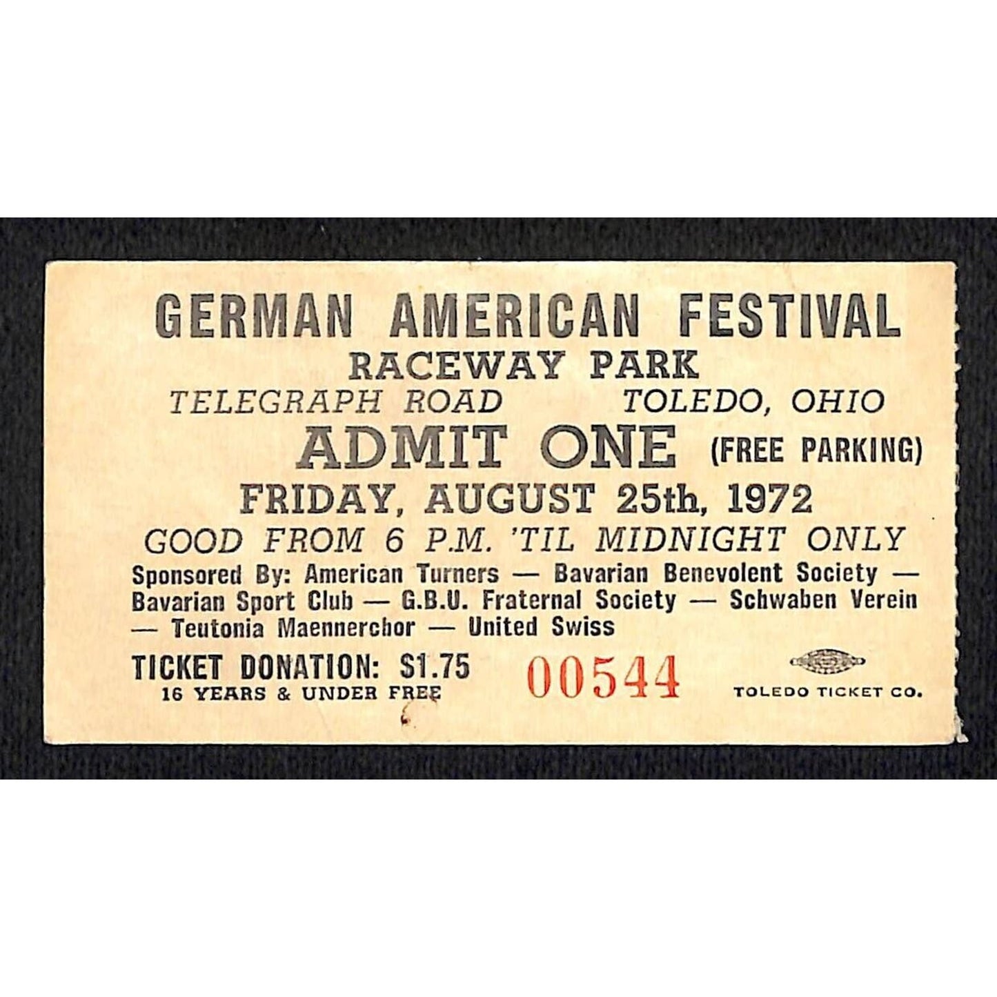German American Festival 1972 Toledo, OH Raceway Park Ticket Stub VGC