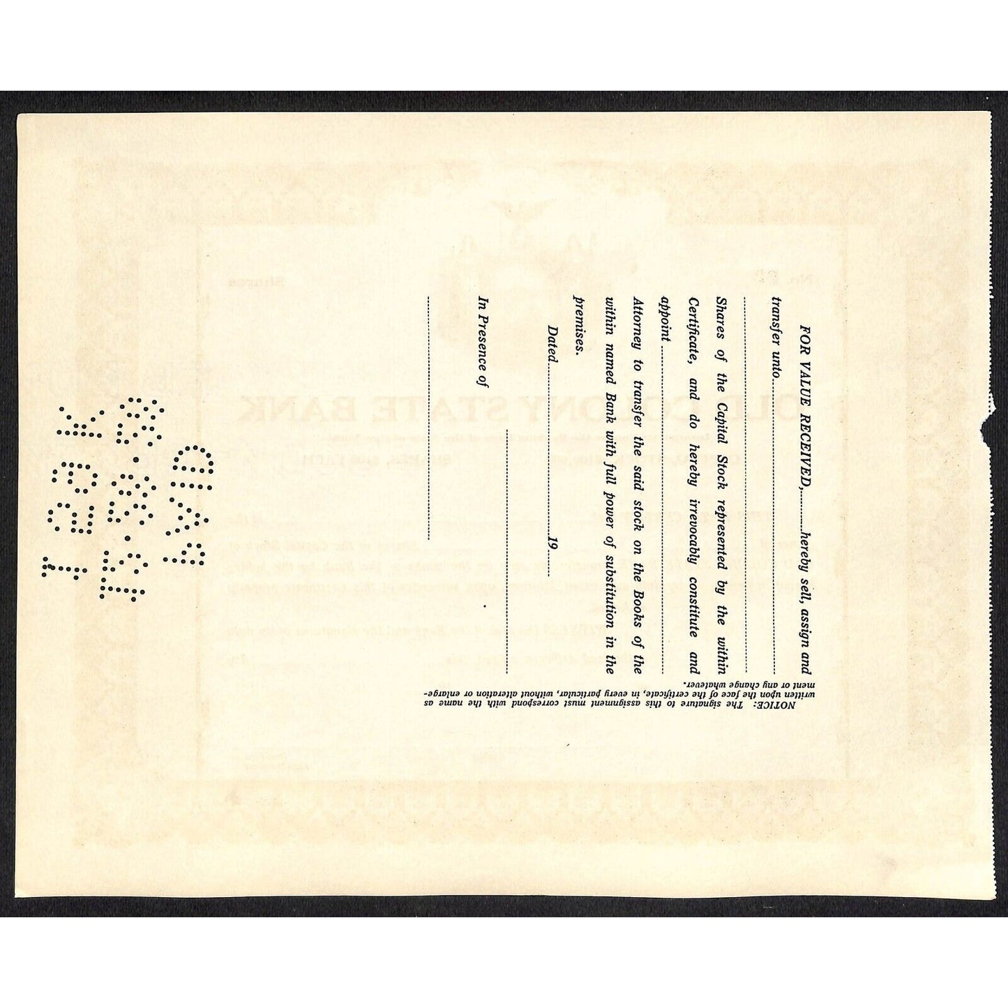 Old Colony State Bank NY c1925 (1928 Cancel) Stock Certificate Unissued #91 VGC