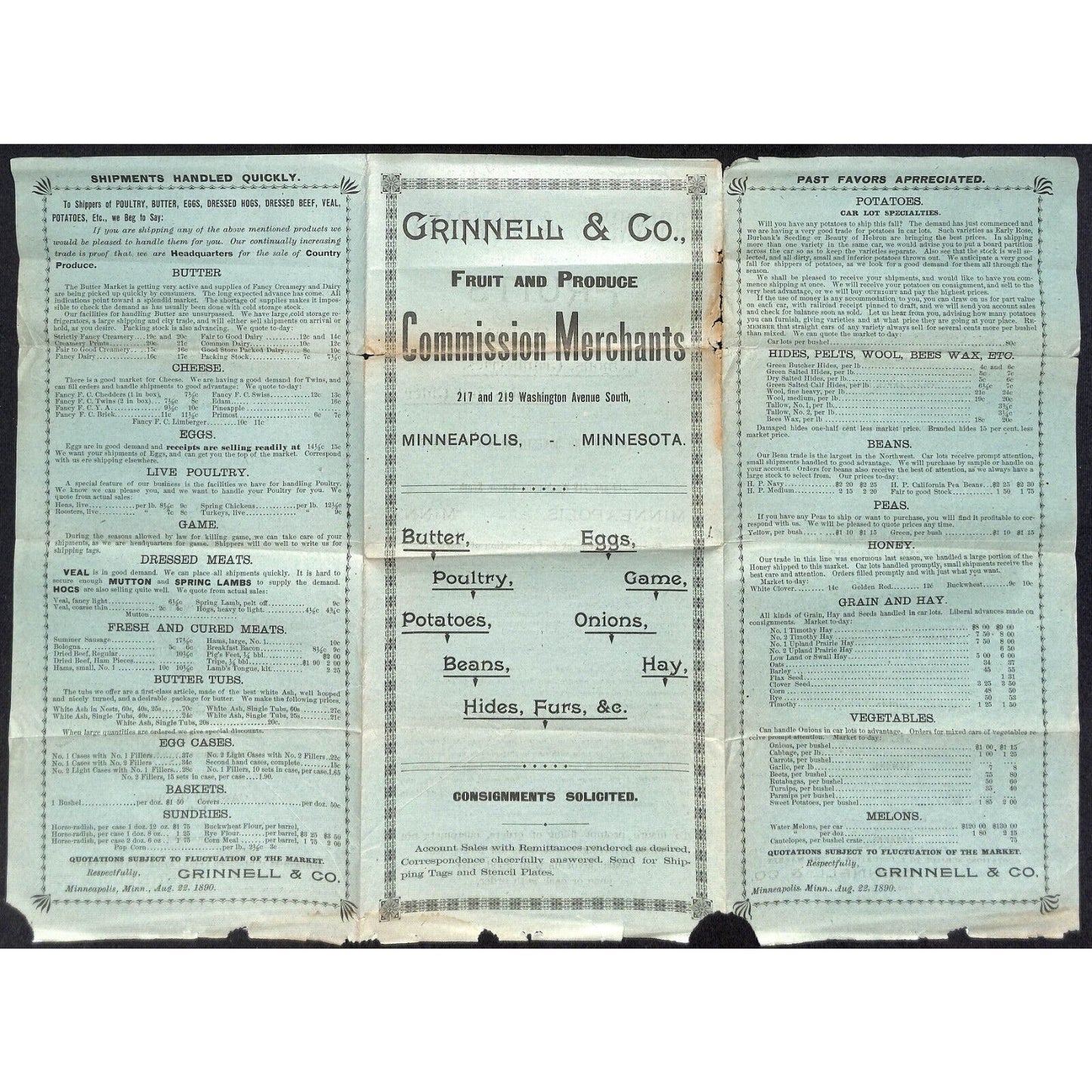 Grinnell & Co. Minneapolis Fruit Produce Merchants 1890 Price List Sheet Scarce