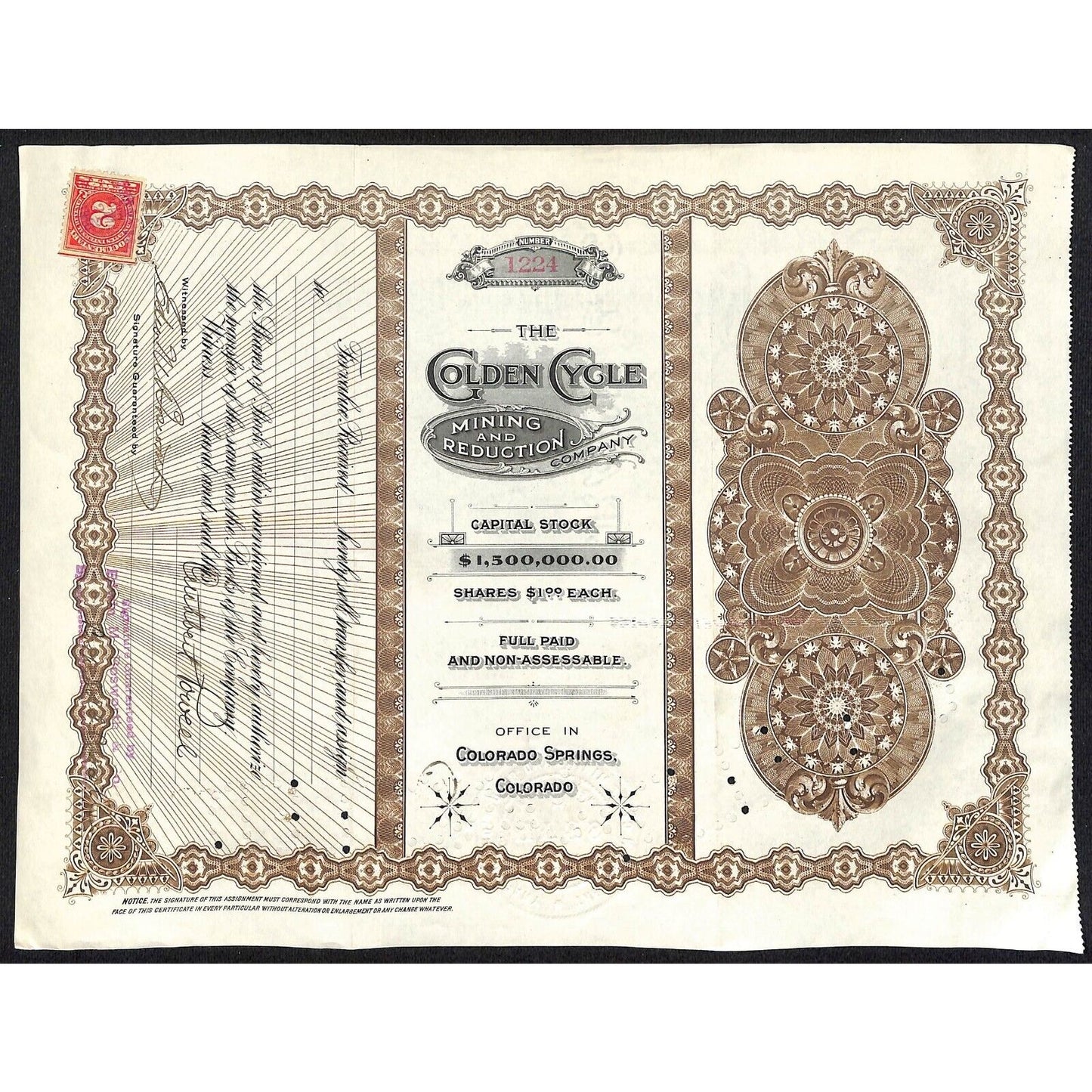 Golden Cycle Mining 1915 Stock Certificate w/ A.E. Carlton Sig. #1224