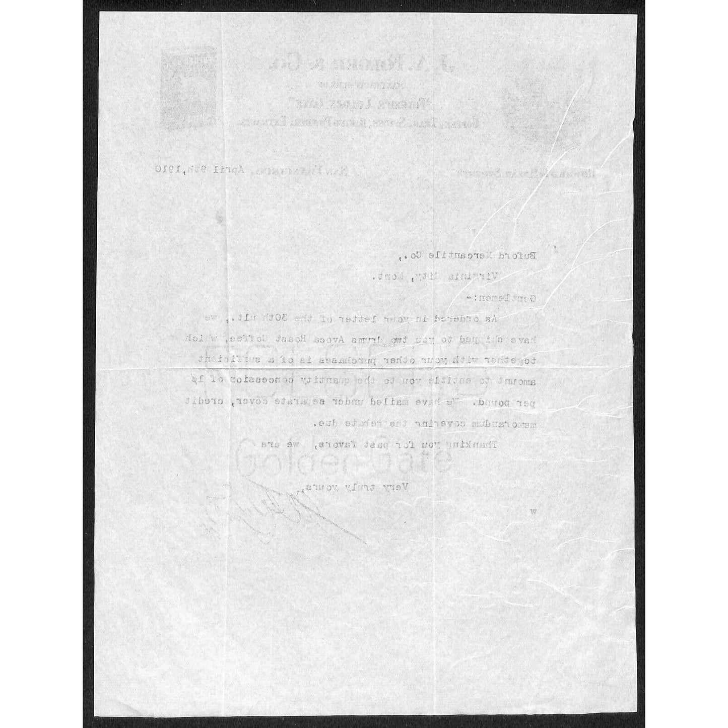 J. A. Folger Coffee 1910 Letterhead to Buford* re: 2 Drums of Avoca Roast Coffee