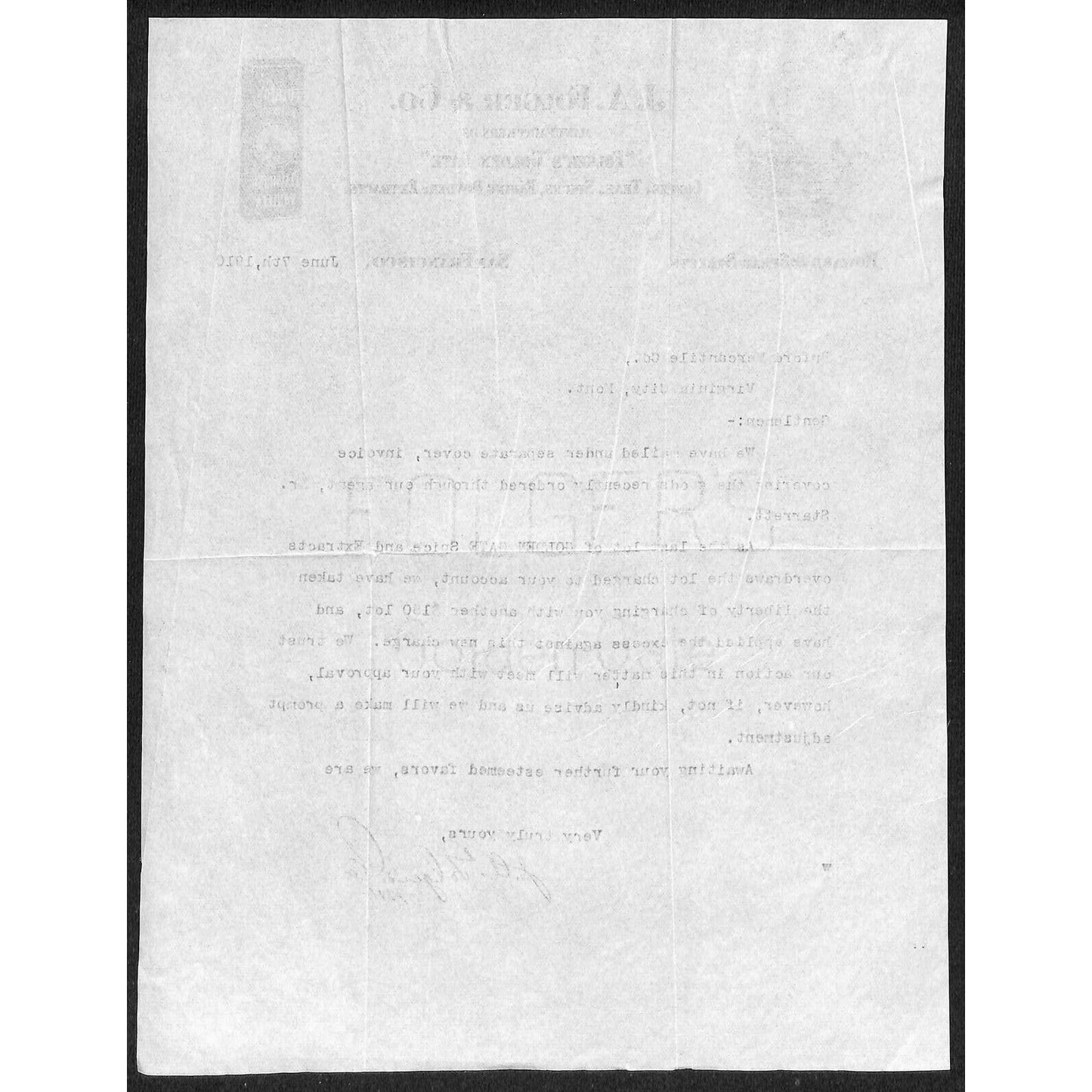 J. A. Folger Coffee 1910 Letterhead to Buford* re: Golden Gate Spice and Extract