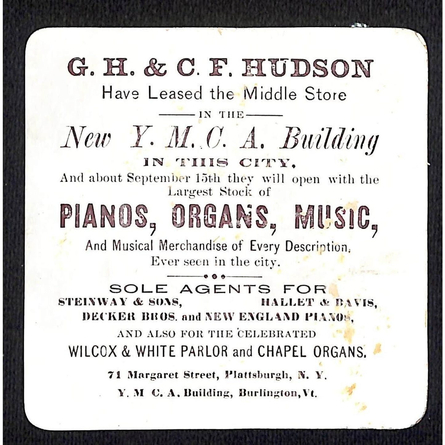 G.H. & C.J. Hudson Music Dealers YMCA Burlington, VT Victorian Trade Card