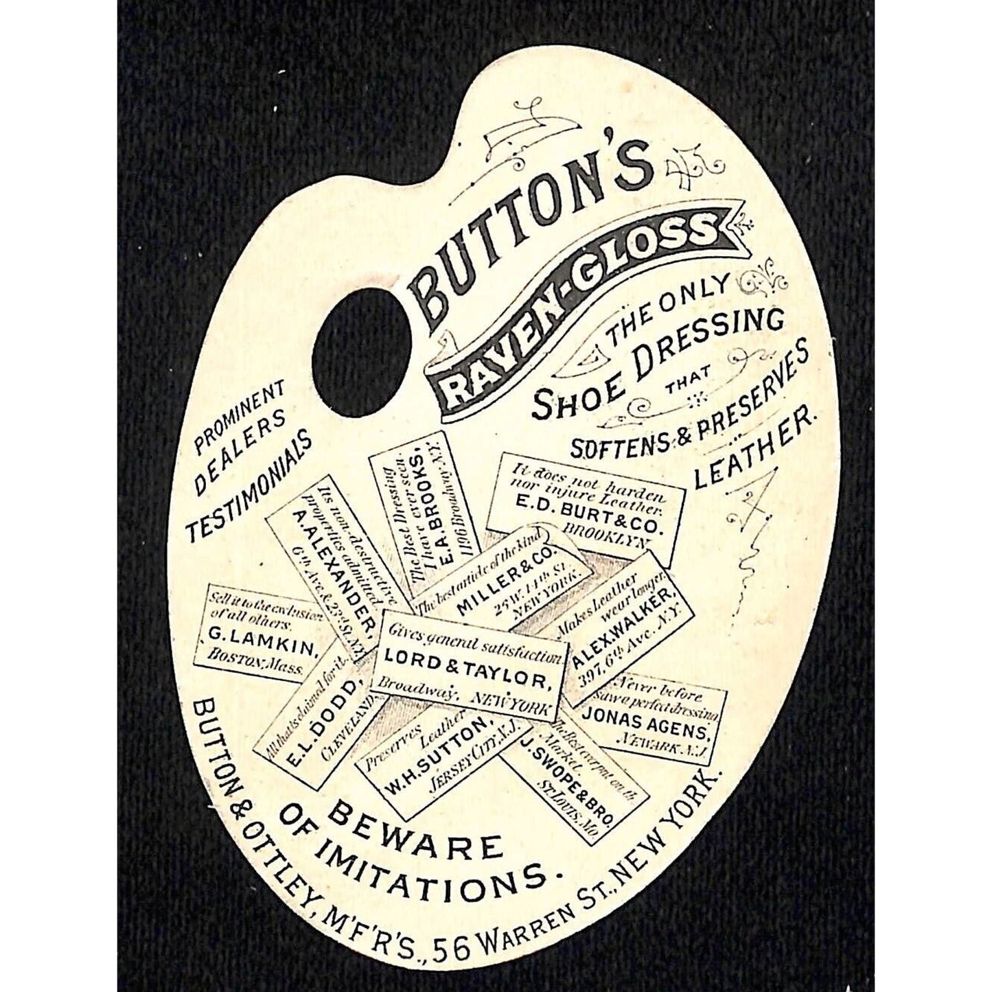 Button's Raven Gloss Shoe Dressing Artist's Palette Shaped Victorian Trade Card