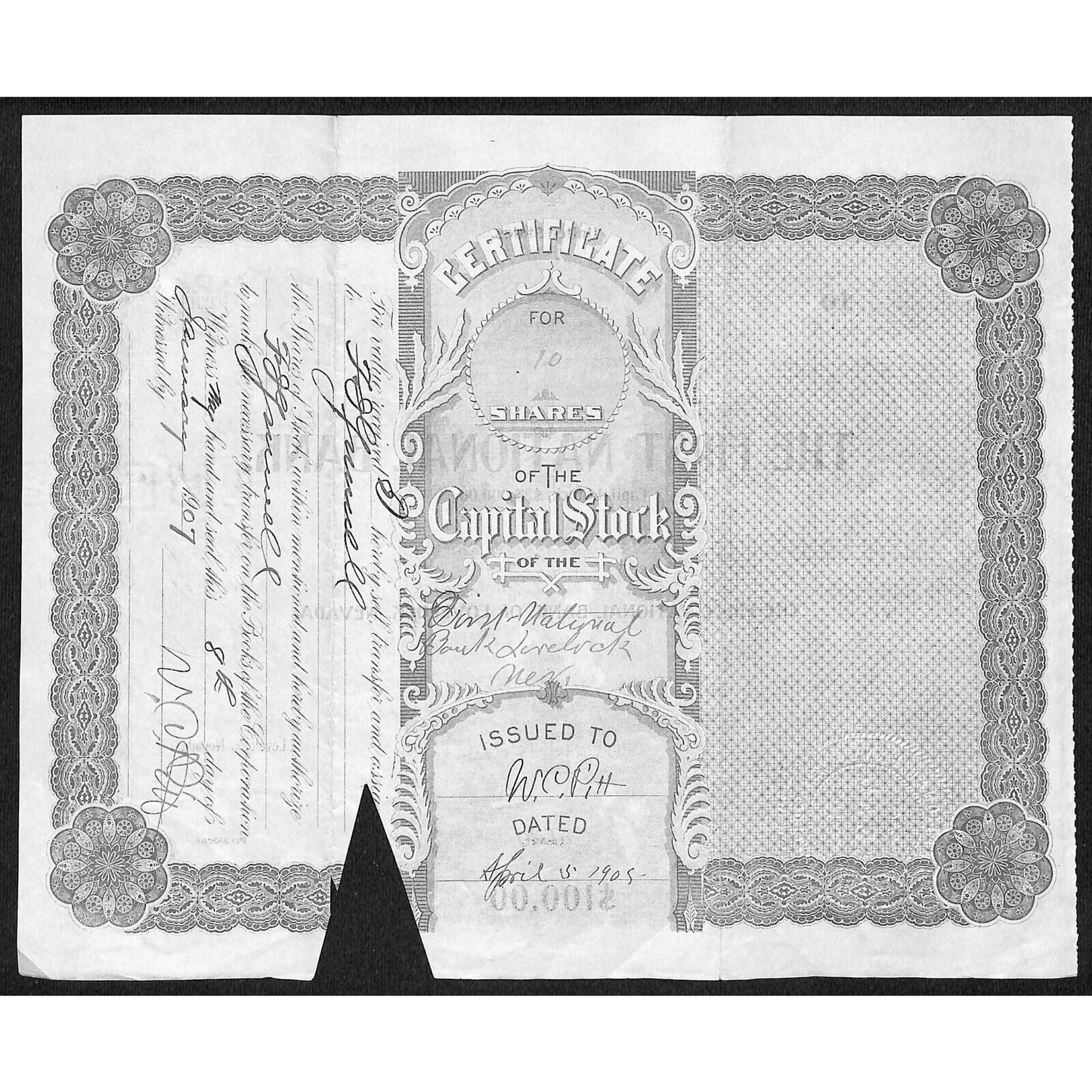 First National Bank of Lovelock, NV 1905 Stock Certificate to R.G. Smith *
