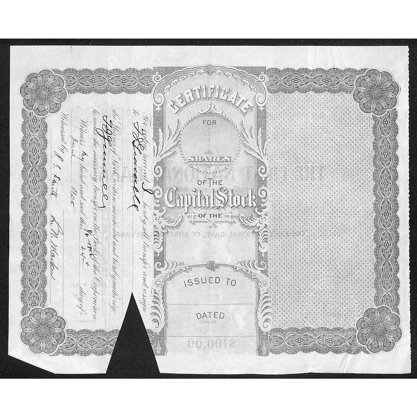 First National Bank of Lovelock, NV 1905 Stock Certificate to L.N. Macken ?
