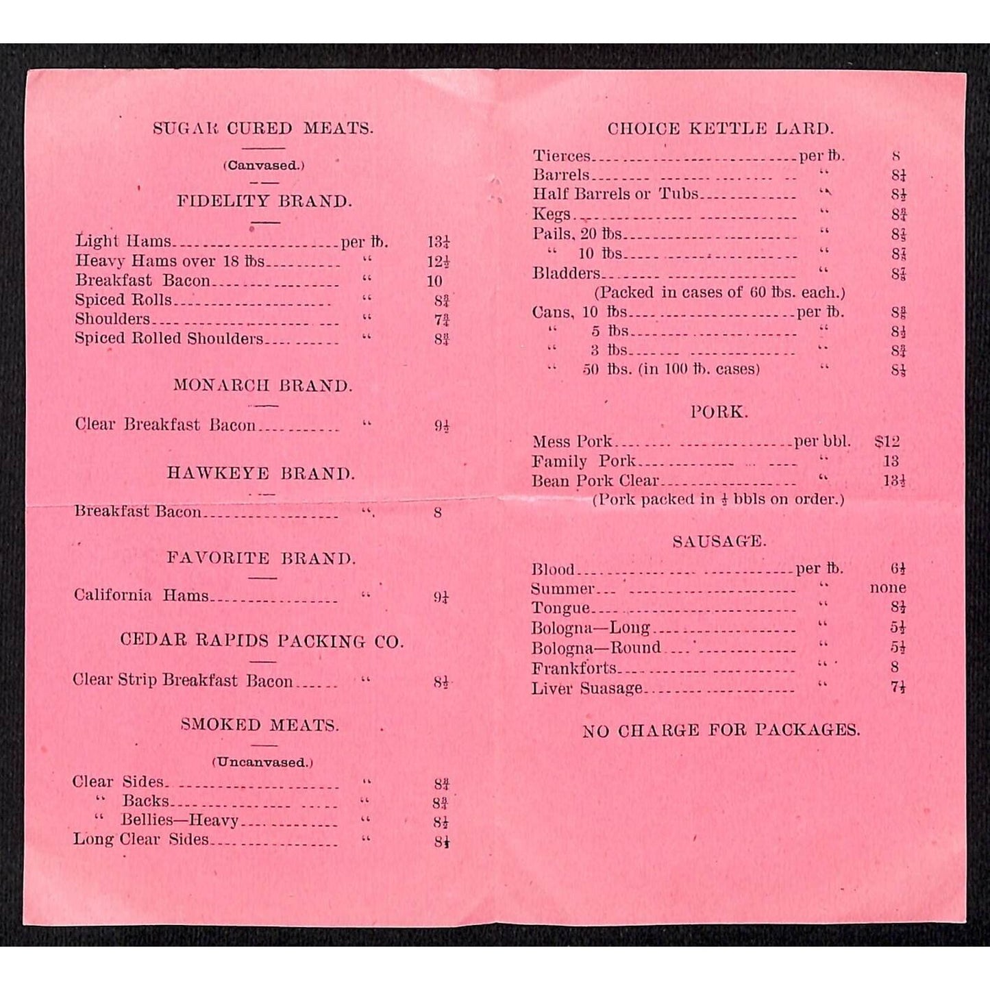 T.M. Sinclair & Co. Pork Packers Cedar Rapids, IA Small Price Sheet 9/14 1886