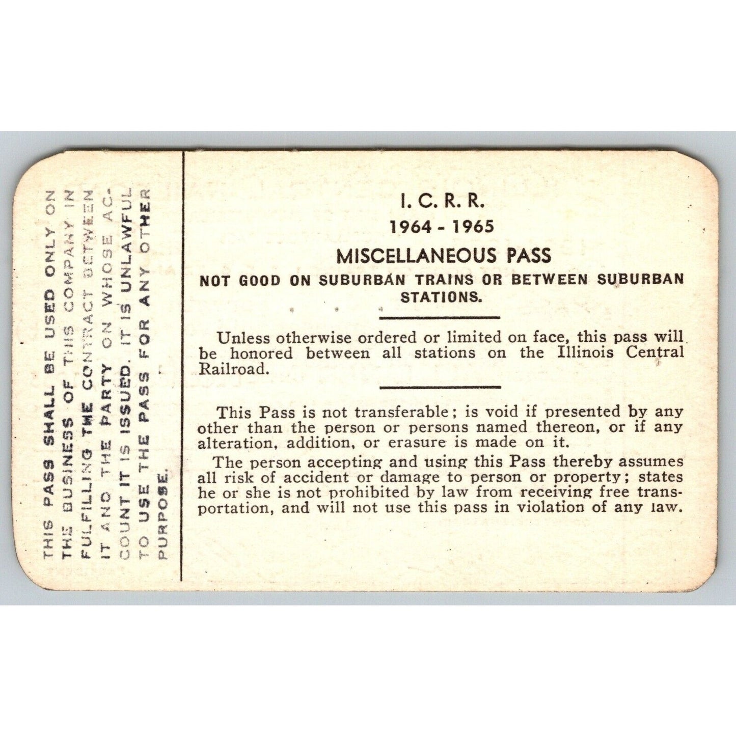 Illinois Central Railroad 1964-65 Yearly Train Pass #15405