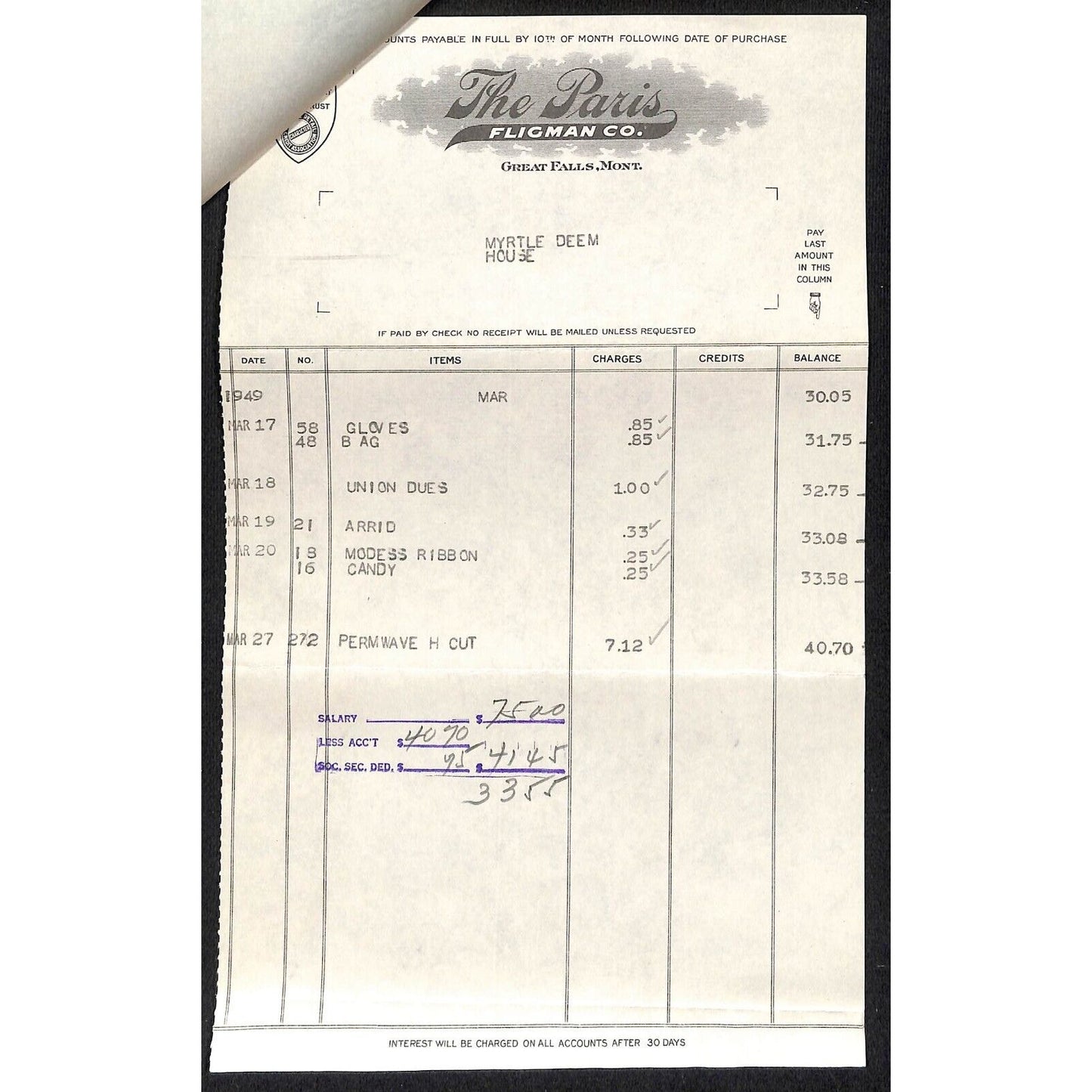 Great Falls, MT The Paris Fligman Co. 1941 2pp. Statement