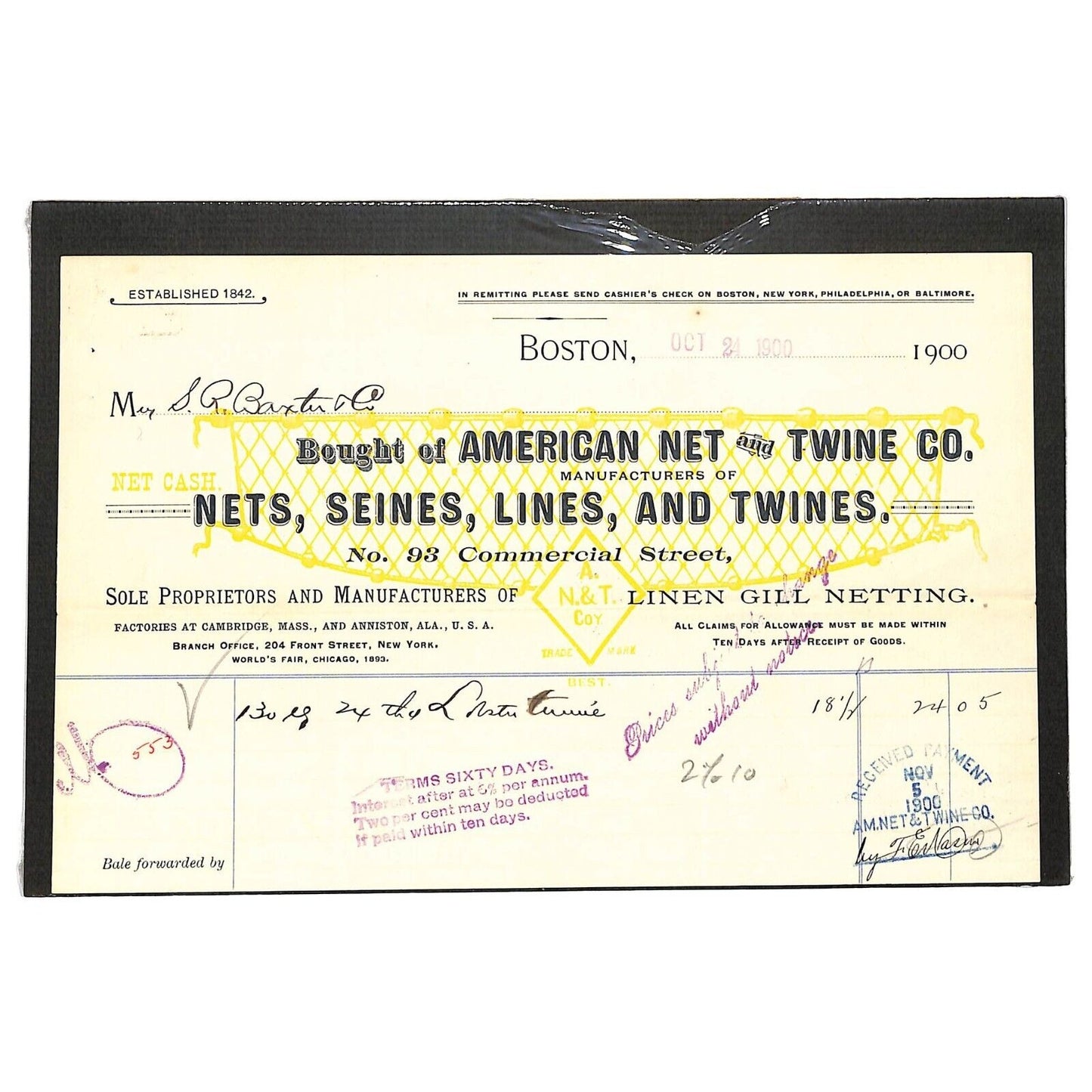 American Net and Twine Co. Boston 1900 Billhead (Nickerson & Baxter)