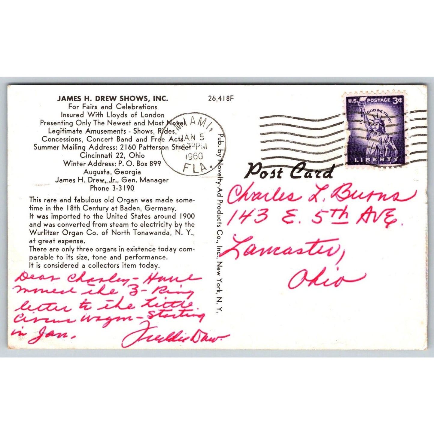 18th Century Organ James H. Drew Shows Circus Postcard PM 1960