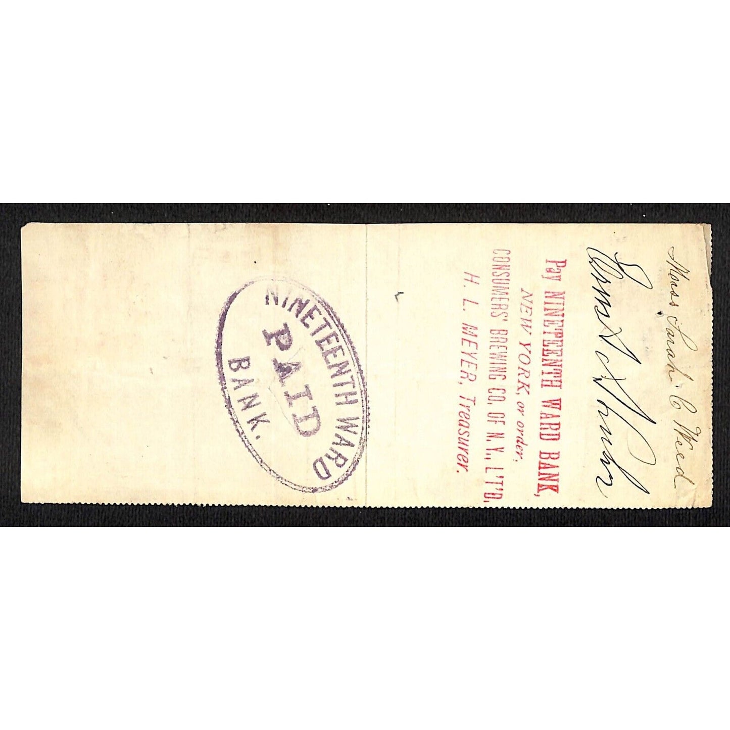 1900 Wells Fargo & Co Bank 63 Broadway NYC Check #90 w/ Rev Stamp S.C. Weed