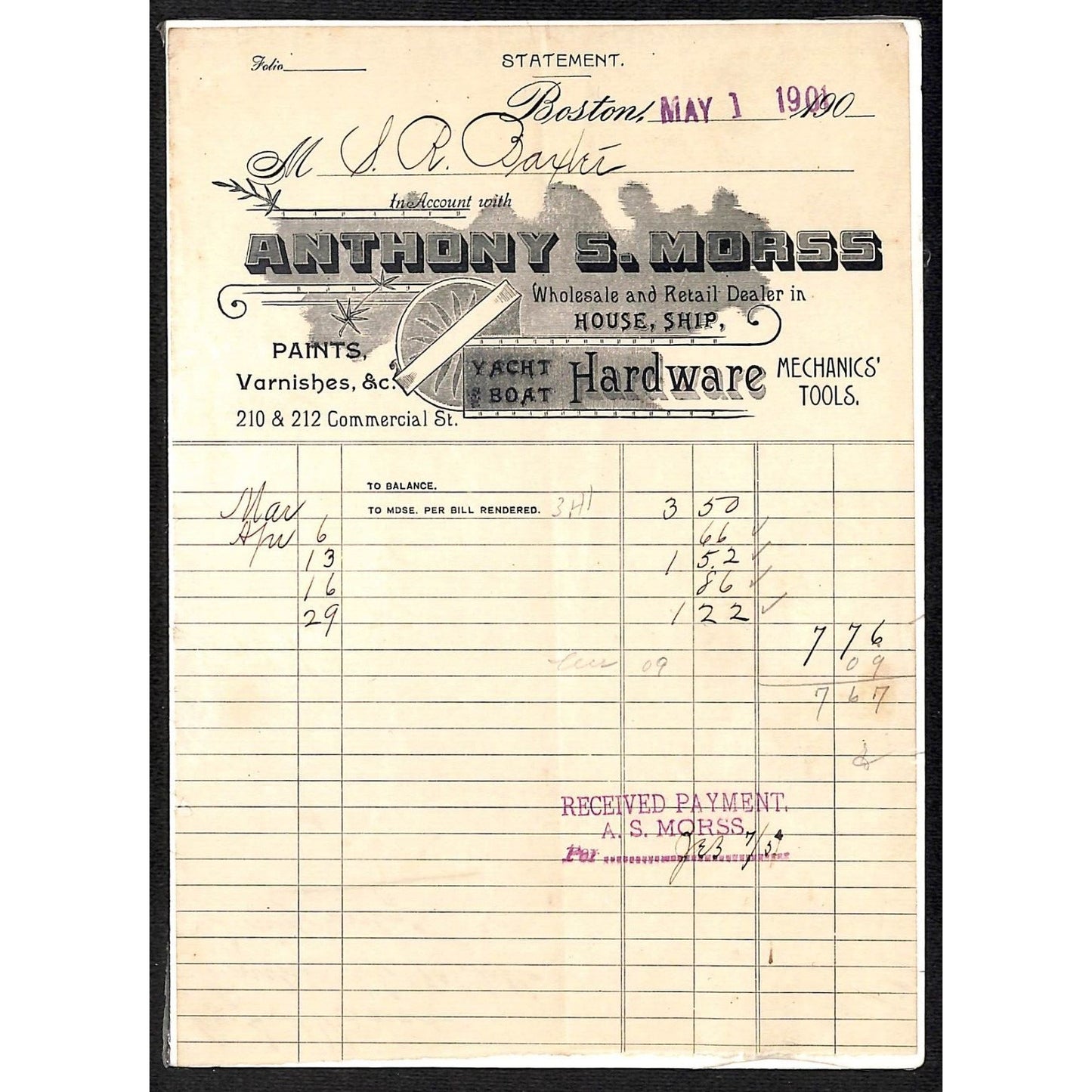 Anthony S. Morss Boston 1901 Statement for (Nickerson & Baxter ?) Scarce VGC