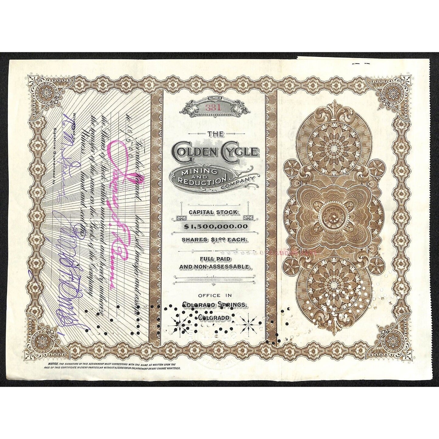 Golden Cycle Mining 1915 Stock Certificate w/ James F. Burns Sig. #381