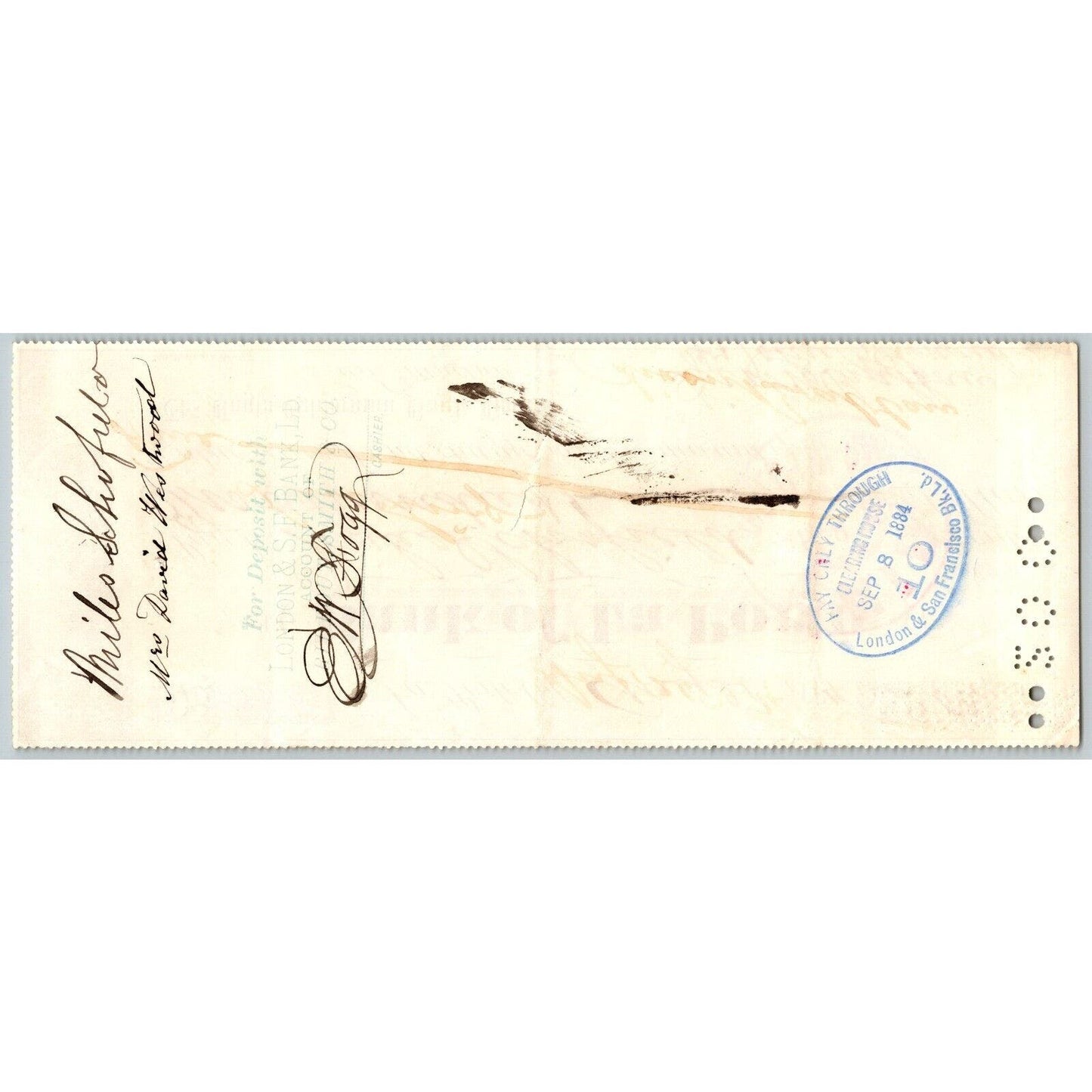 Bank of La Porte Check Miles Schofield 1884 Mining Vignette #12802