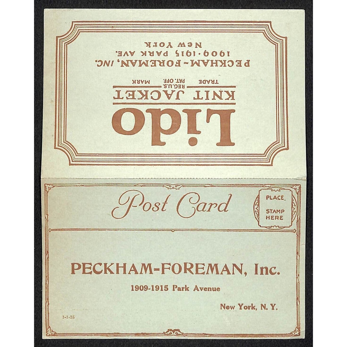 Lido Knit Jacket Peckham Foreman Park Ave NYC Order Form / Post Card c1925