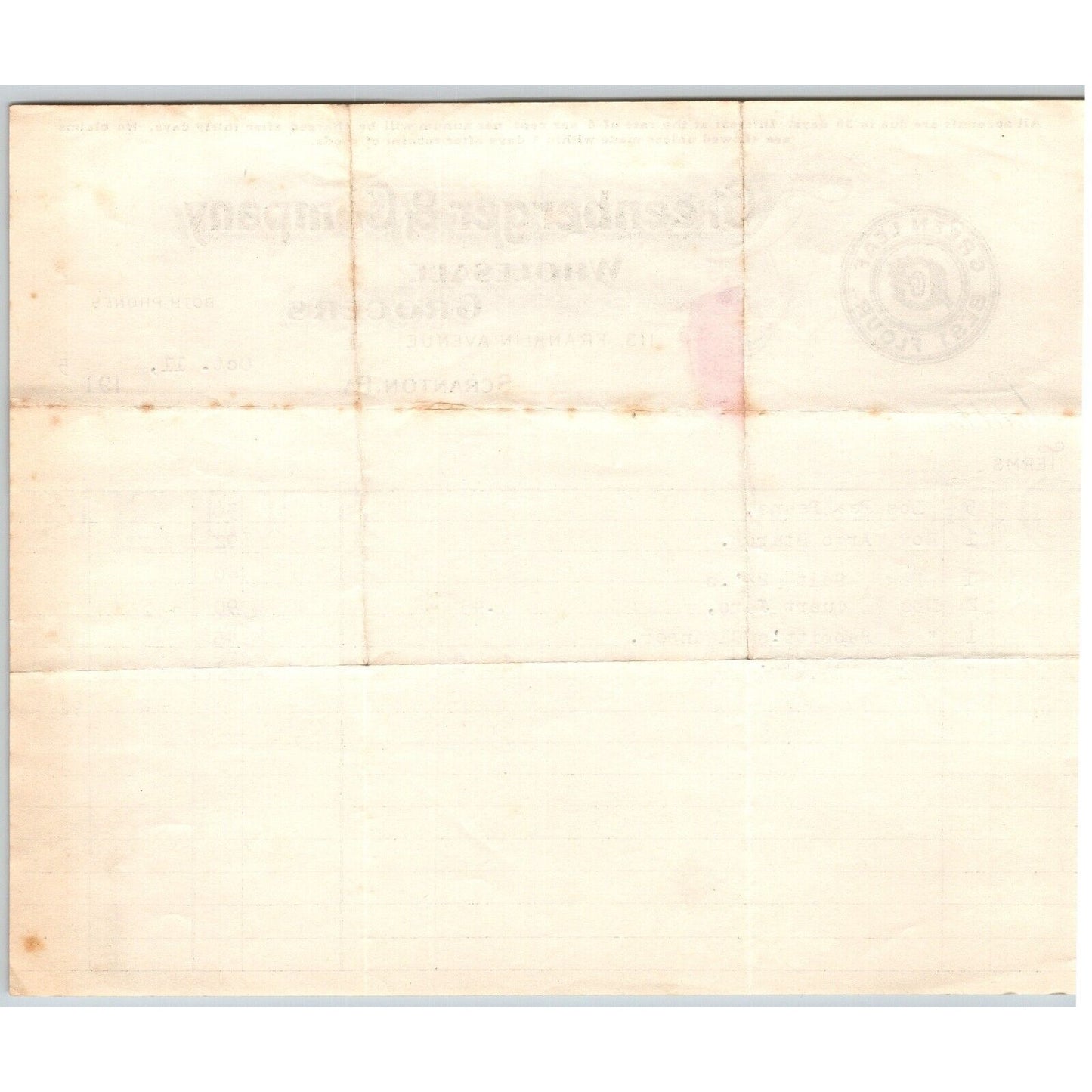 Scranton, PA Greenberger & Co. Grocers 1915 "C.B. Engel" Billhead - Argo Starch