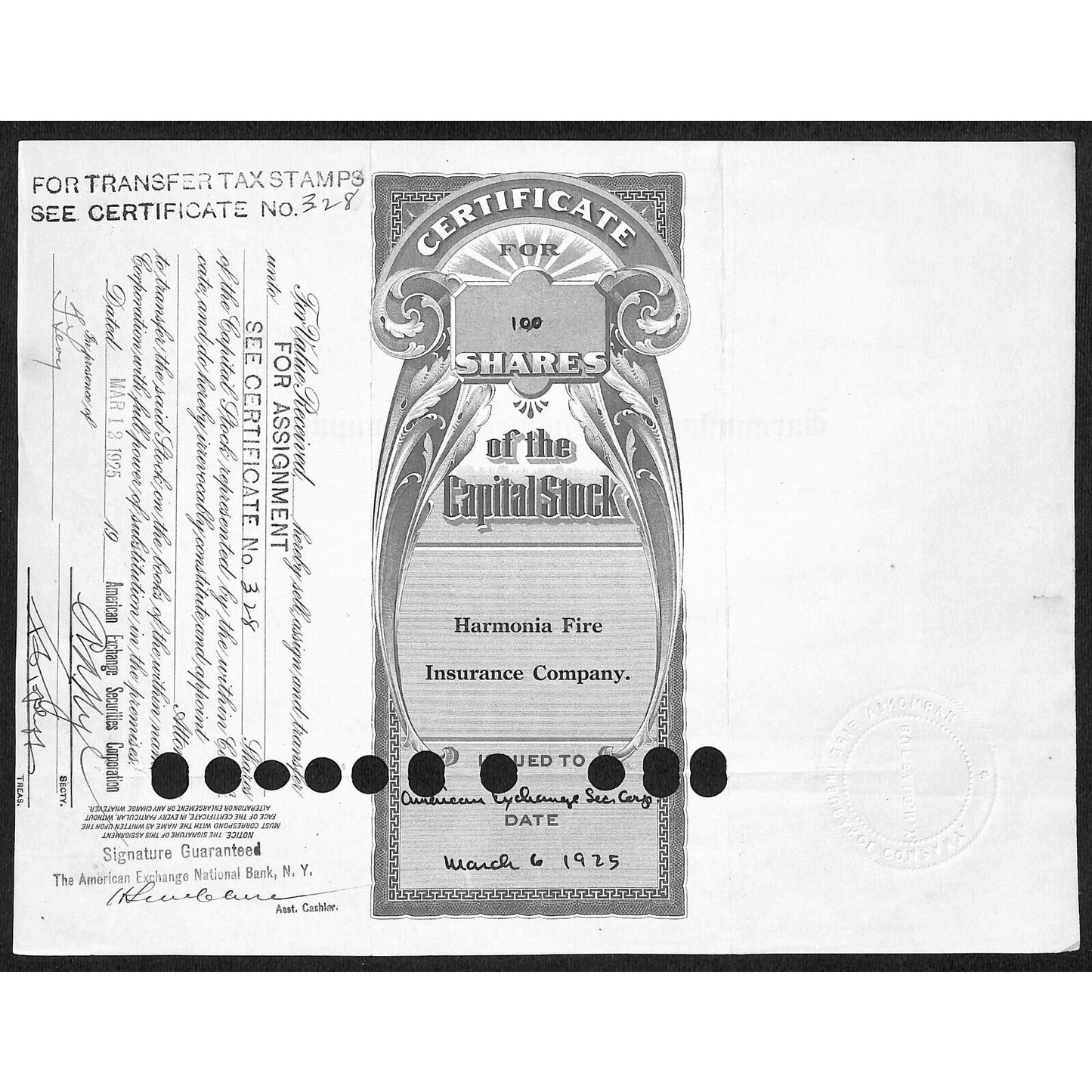 Harmonia Fire Insurance Co. NY 1925 Stock Certificate #331