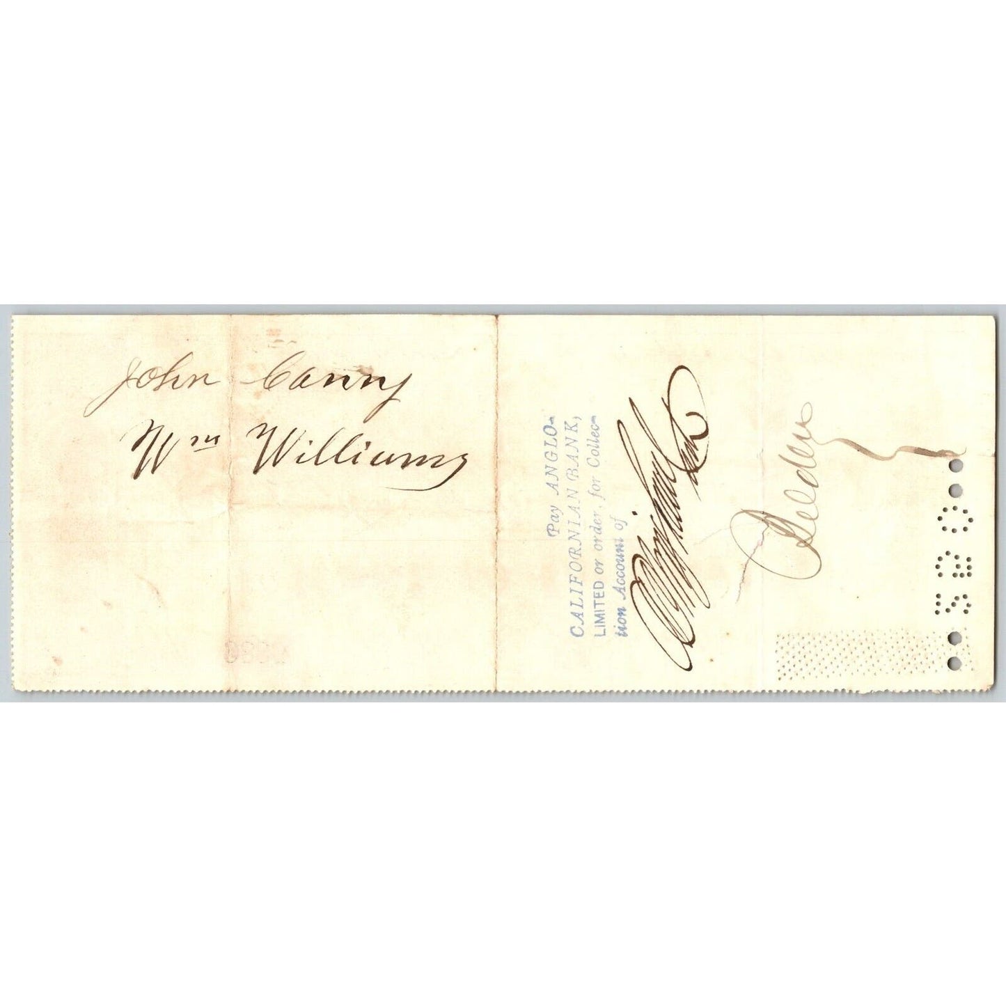 Bank of La Porte Check John Canny 1882 Mining Vignette RN-G1 Rev Stamp #9885