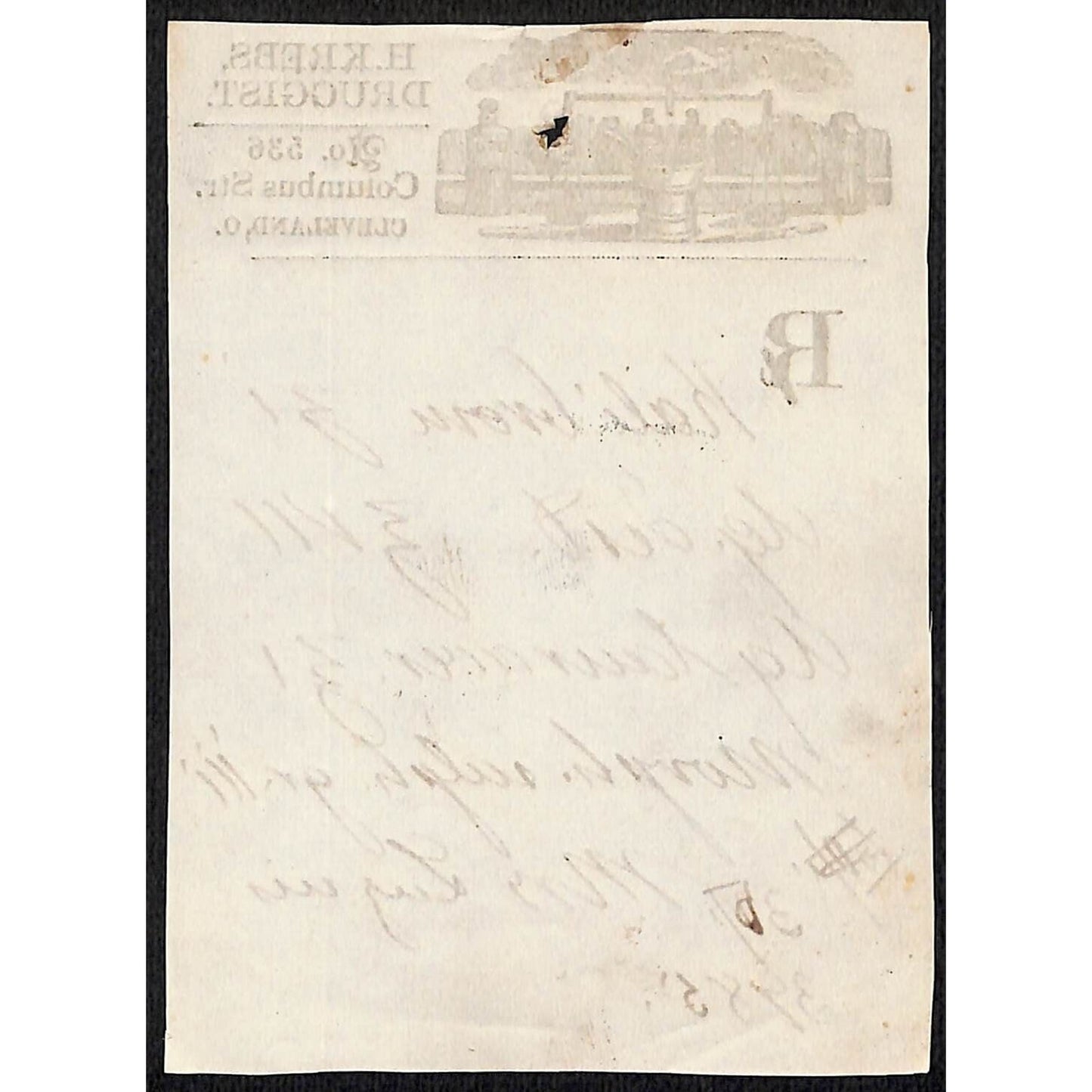 H. Krebs, Druggist Columbus St. Cleveland c1870's* Prescription #3985
