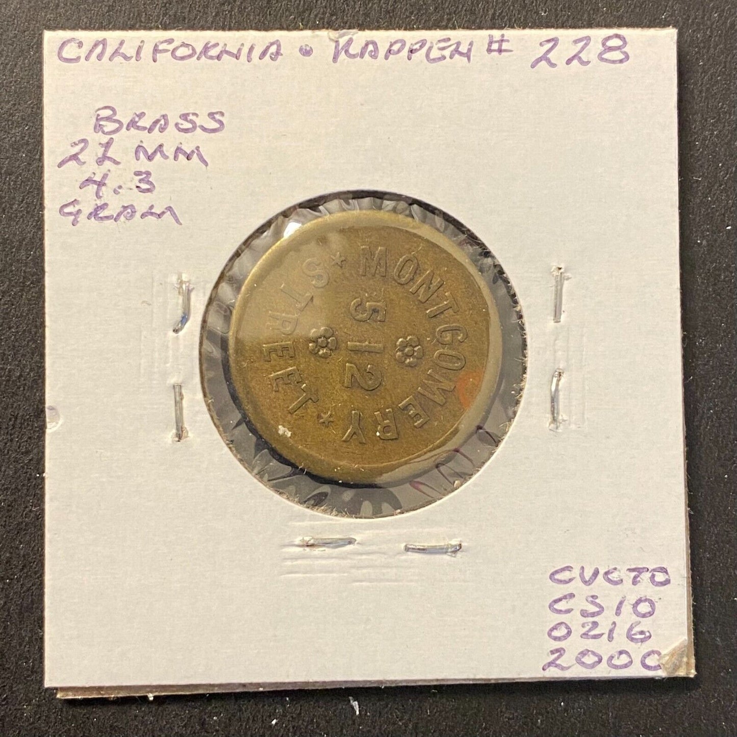 Bernhard Phone Slug / 512 Montgomery Street SF, CA Brass 21mm 4.3g Token c1907*