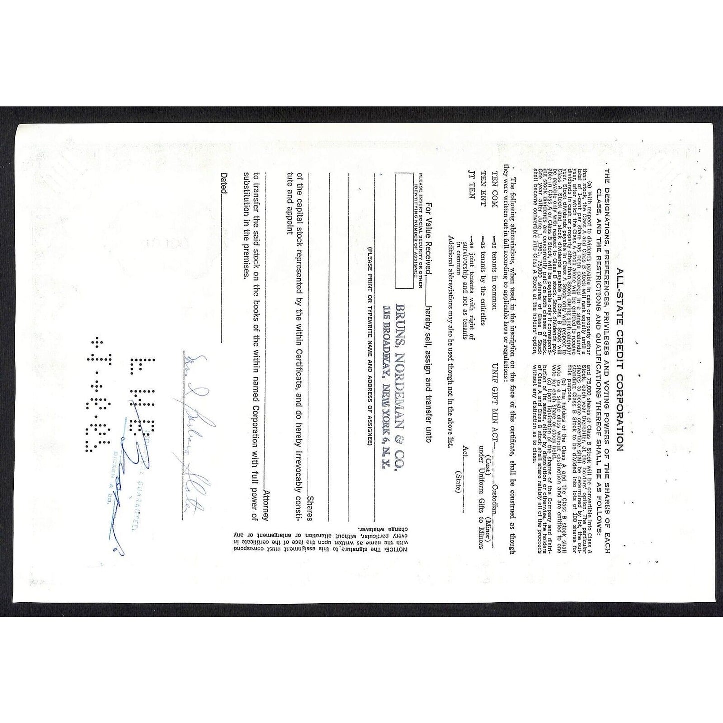 All State Credit Corporation NY 1966 Stock Certificate to Mrs. I Barbara Slater