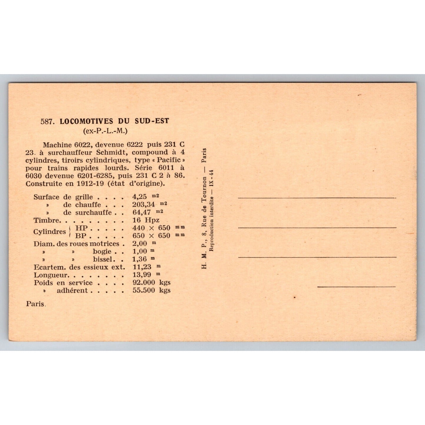 French Railroad RPPC* Postcard Machine 6022 Series 6011-6030 c1920 H.M.P.