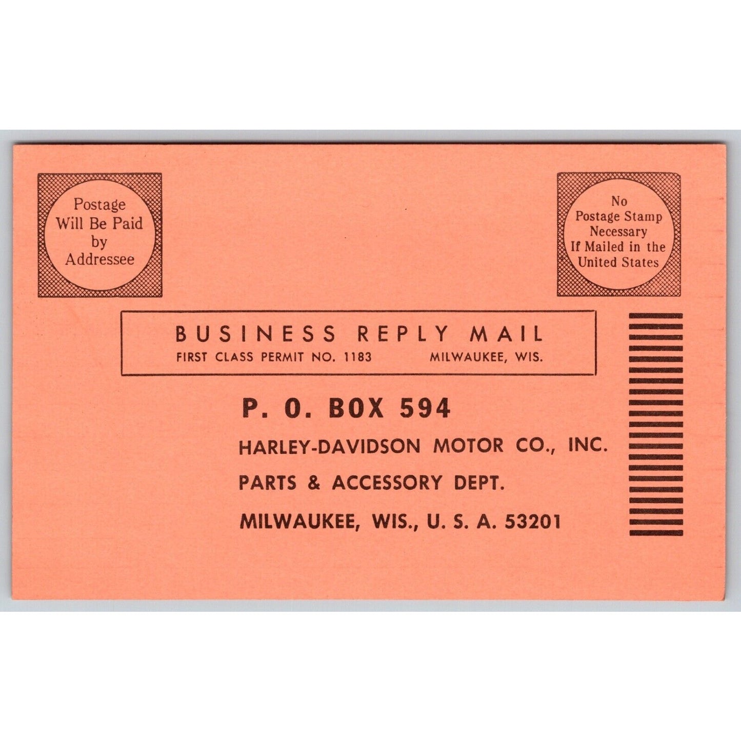 Harley Davidson Parts & Accessory Dept Reply Postcard VGC c1965-70's