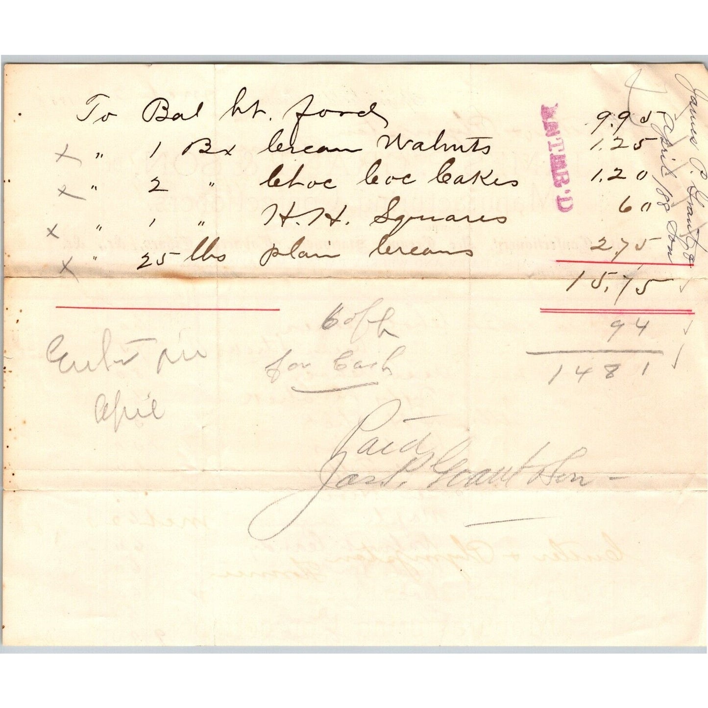 James P. Grant & Son Manufacturing Confectioners Springfield, MA 1888 Billhead