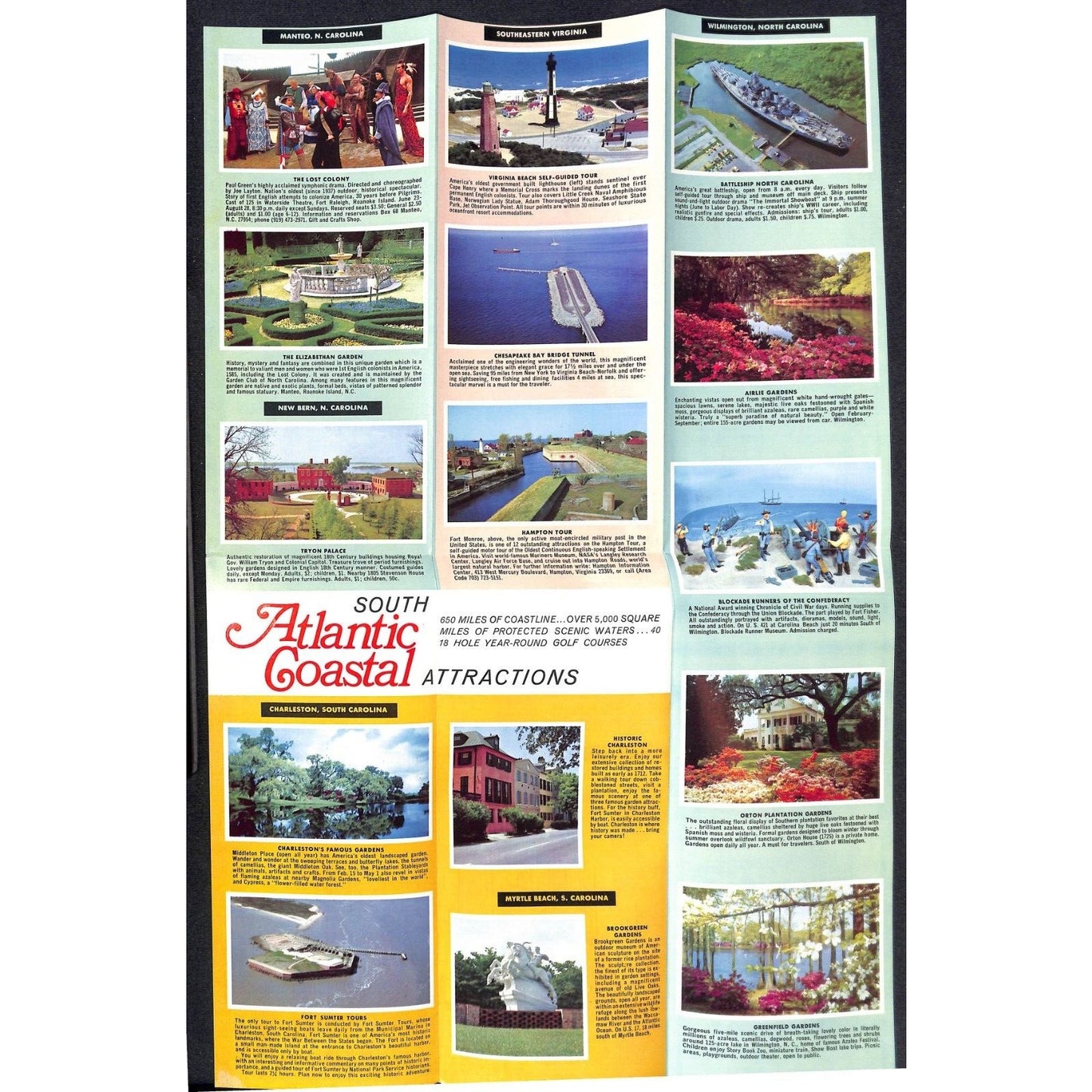 South Atlantic Coastal Attractions 1971 Fold Out Travel Map / Brochure VGC