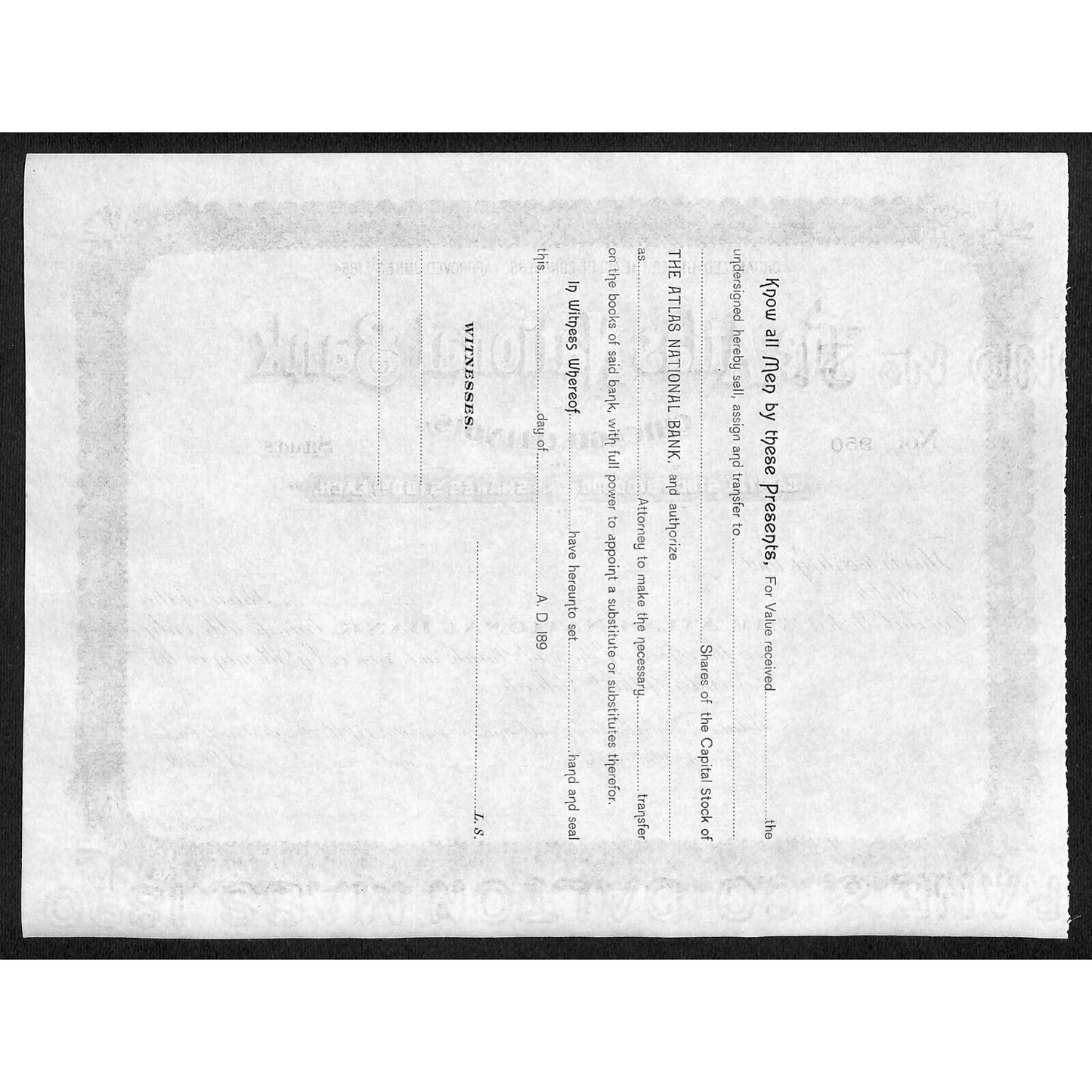 Atlas National Bank Chicago 1890's 189x Stock Certificate Unissued #950