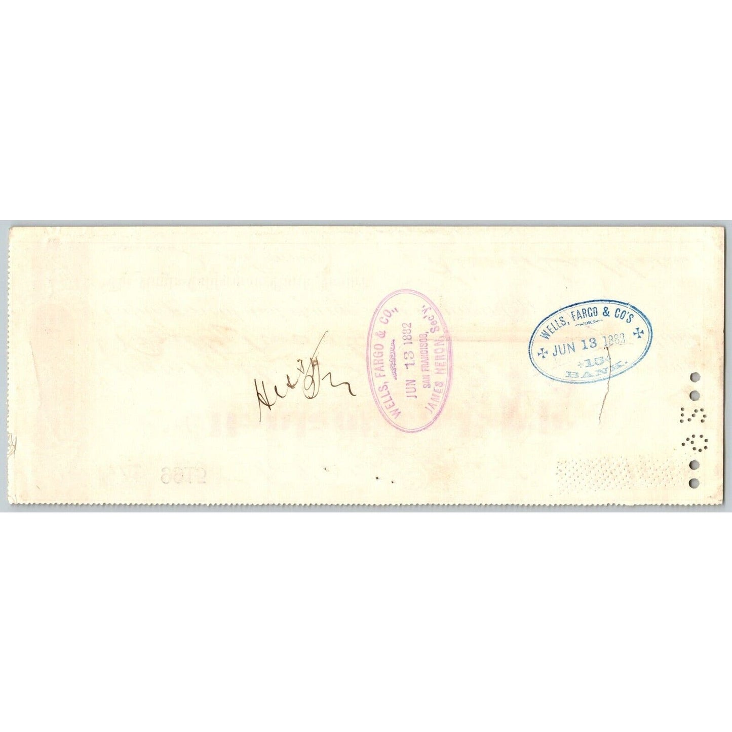 Bank of La Porte Check Wells Fargo 1882 Mining Vignette RN-G1 Rev Stamp #9915