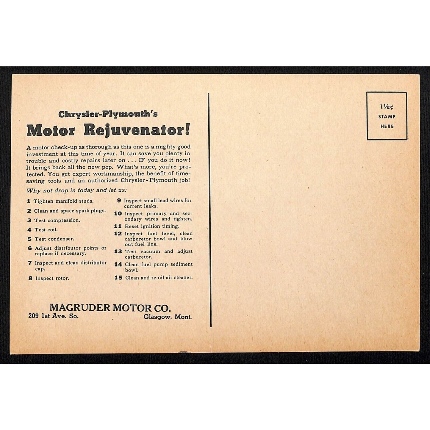 Magruder Motor Chrysler Plymouth Glasgow, MT Funny Tune-Up (#2) Lg Postcard