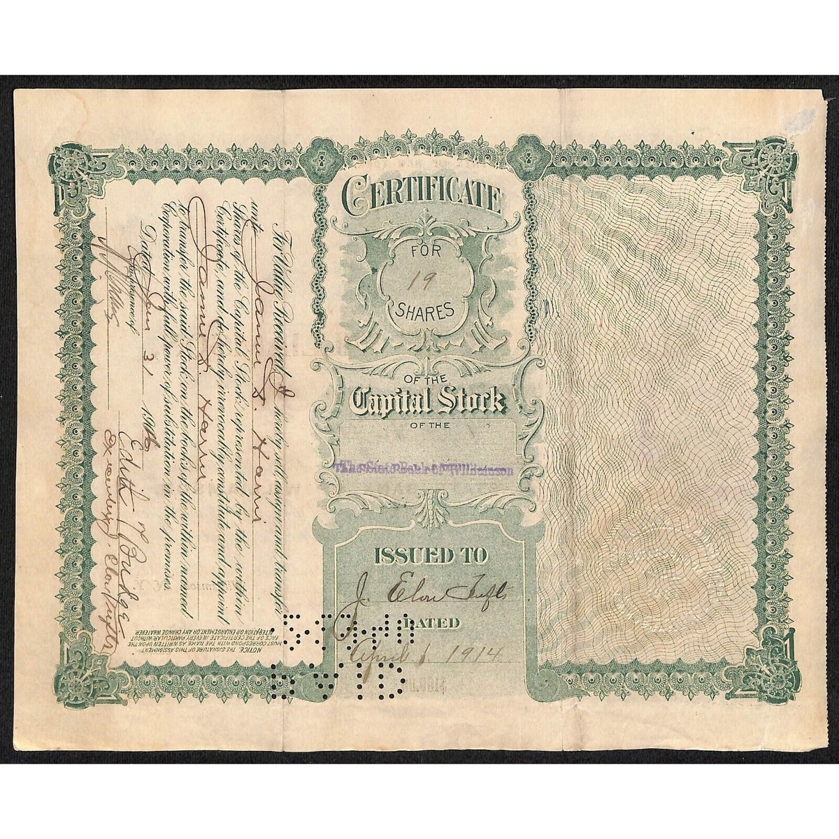 State Bank of Williamson NY 1914 Stock Certificate J. Edwin Tufts ??? Scarce