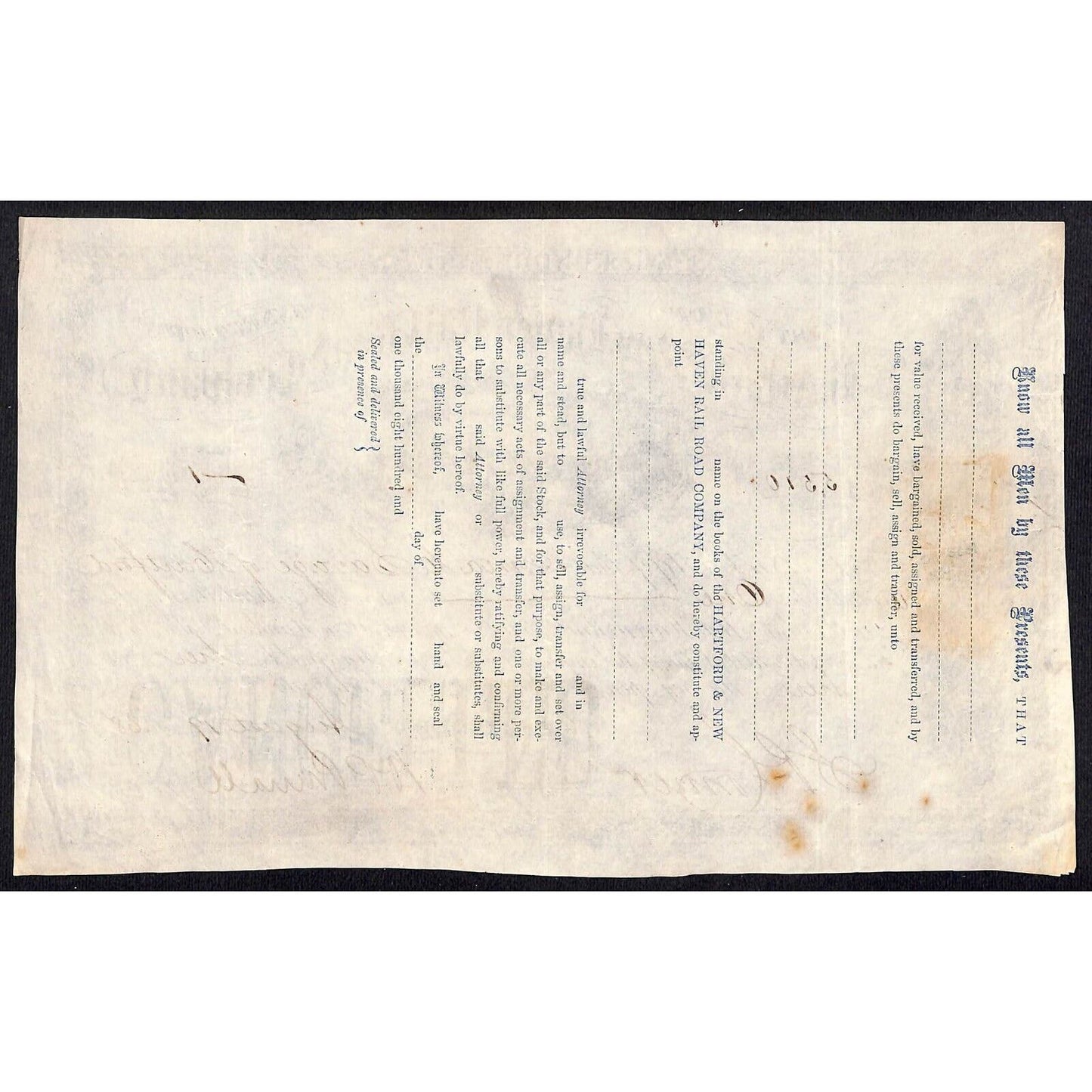 Hartford and New Haven Railroad 1868 Stock Certificate #5510 Anna C. Savage VGC