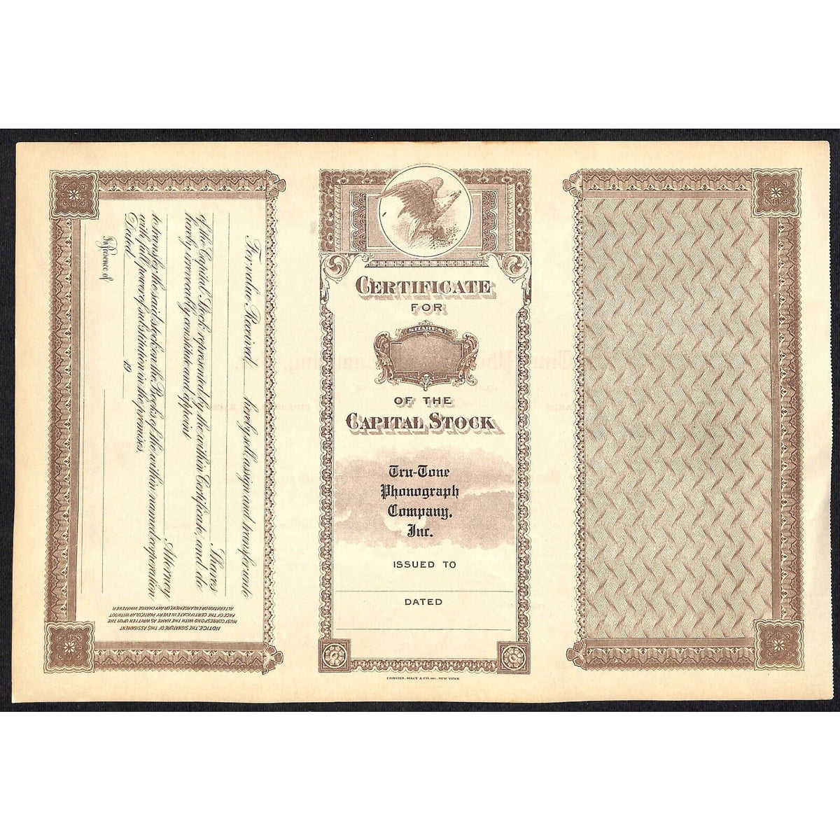 Tru-Tone Phonograph Company NY c1920's Stock Certificate Unissued VGC