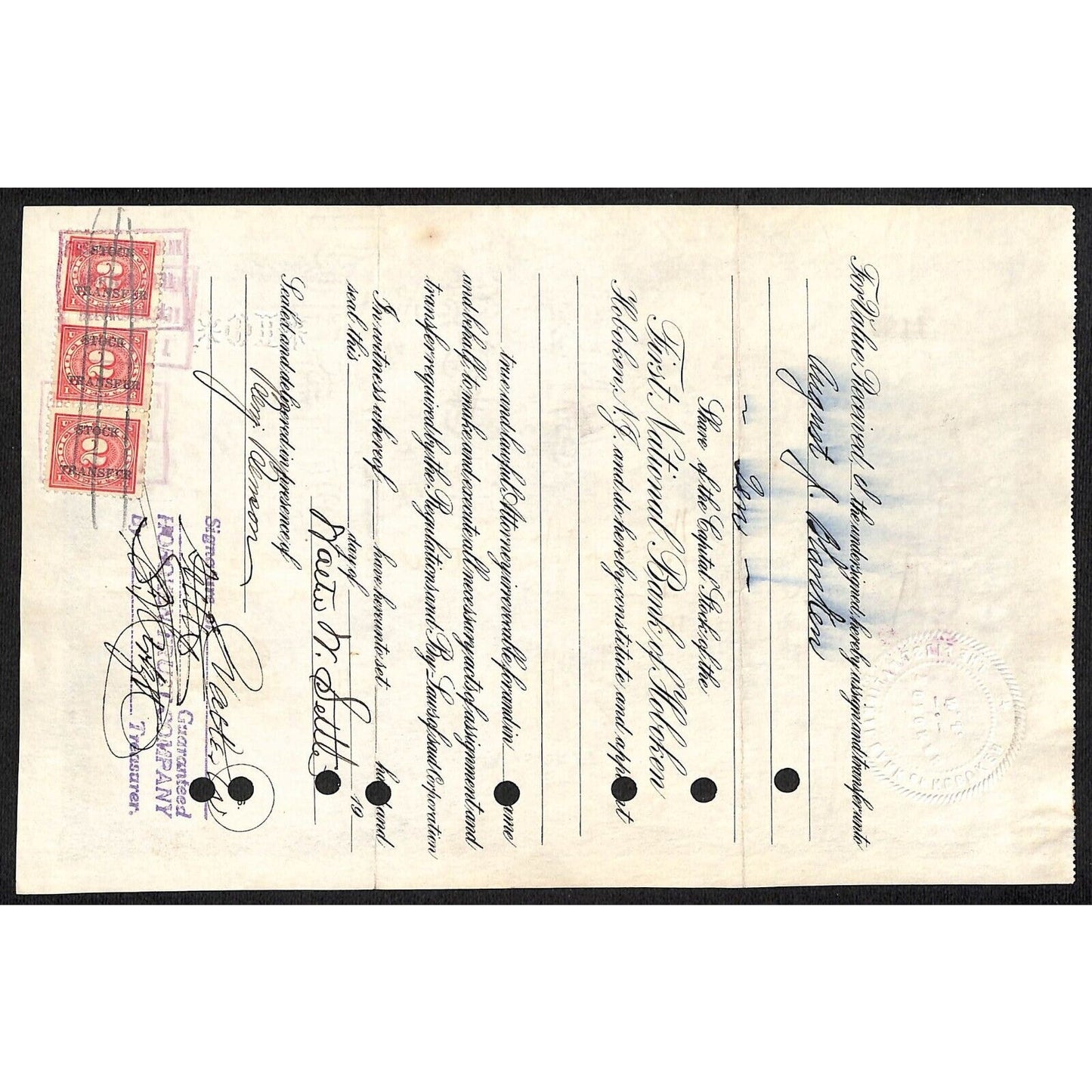 First National Bank of Hoboken NJ 1924 Stock Certificate Walter W. Settle