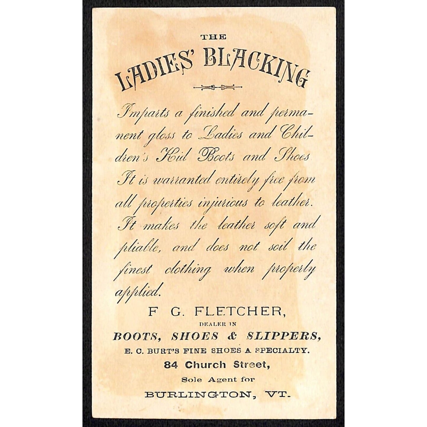 F.G. Fletcher Ladies Blacking Boots Shoes Burlington, VT Victorian Trade Card
