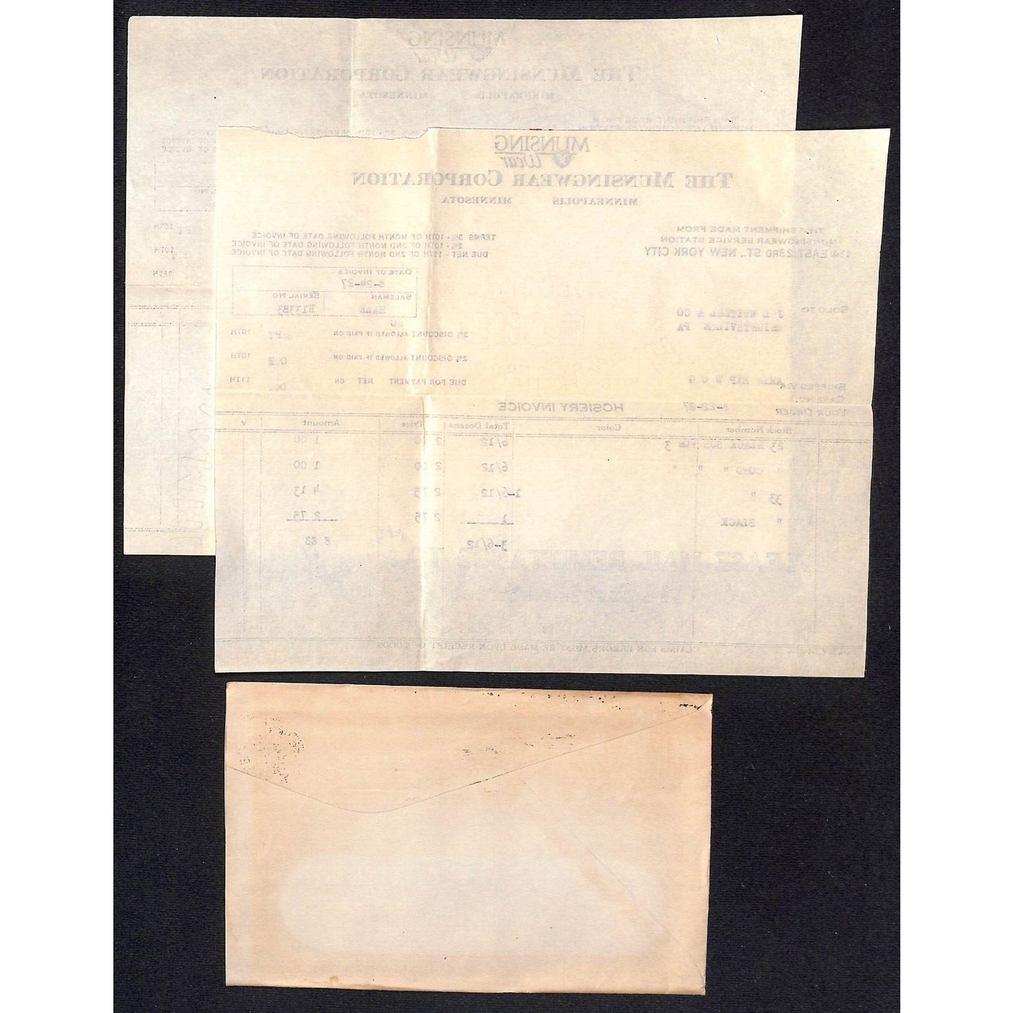 Munsingwear Munsing Wear (Underwear) 23rd St. NYC 1927 2 Billheads + Cover