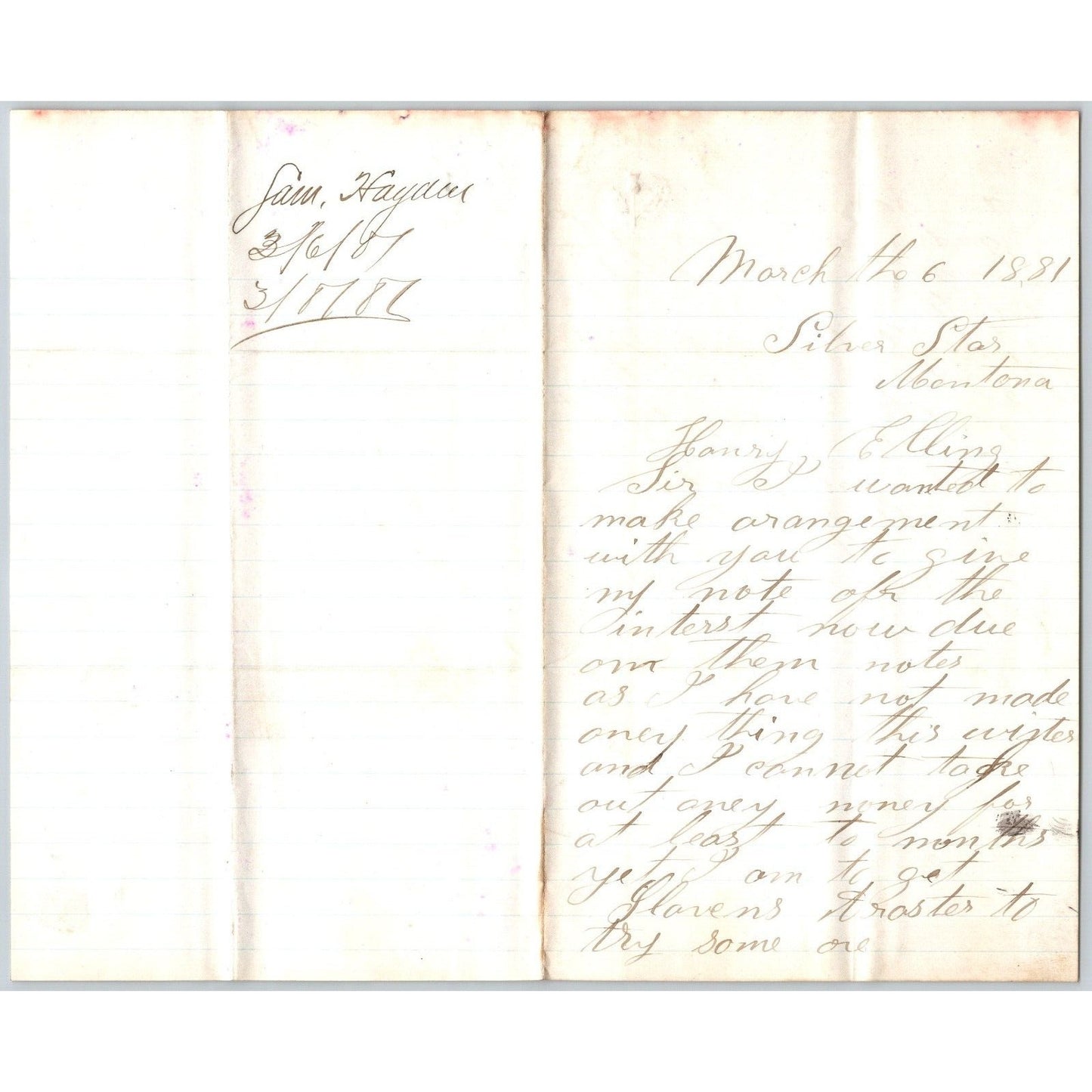1881 ALS from Samuel Hayden to Henry Elling* re: Payment Delay & High Snow Drift