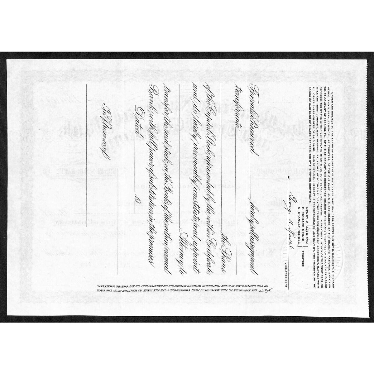 Reading National Bank and Trust PA 1929 Stock Certificate - Charles H. Schlegel