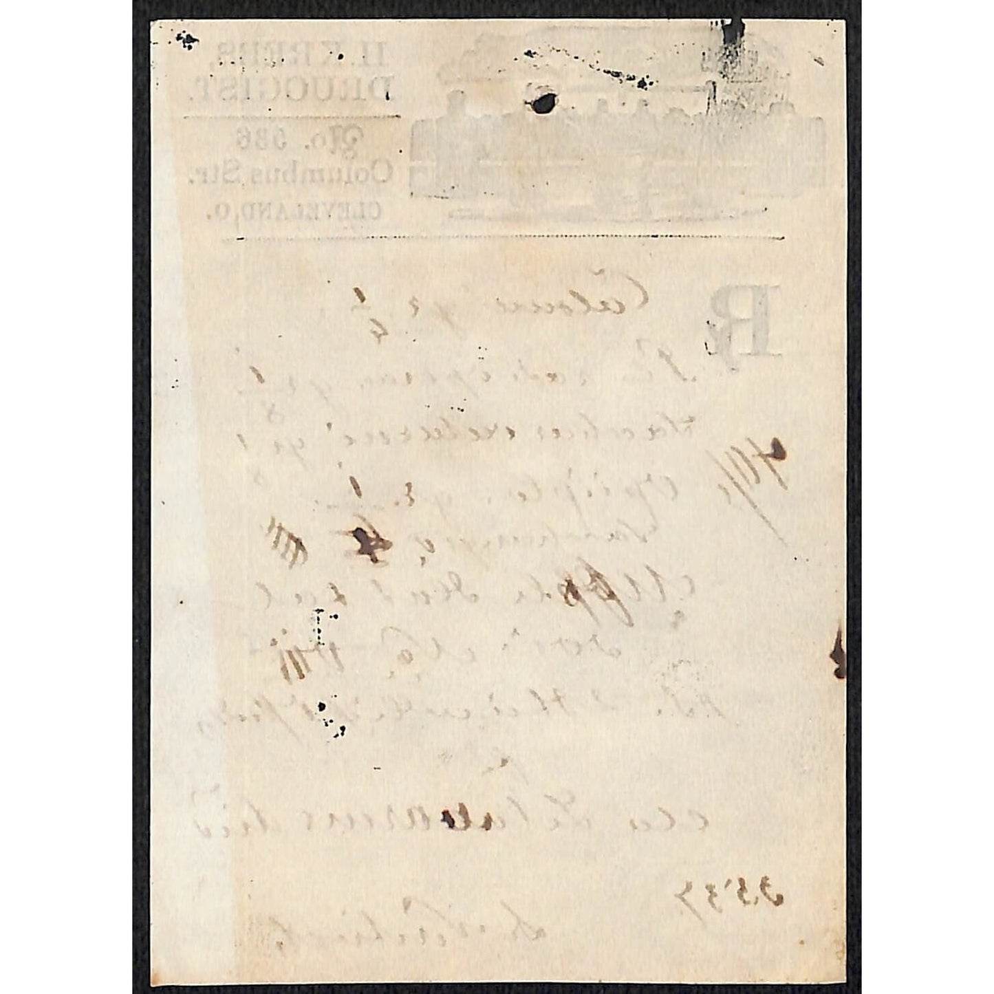 H. Krebs, Druggist Columbus St. Cleveland c1870's* Prescription #3537