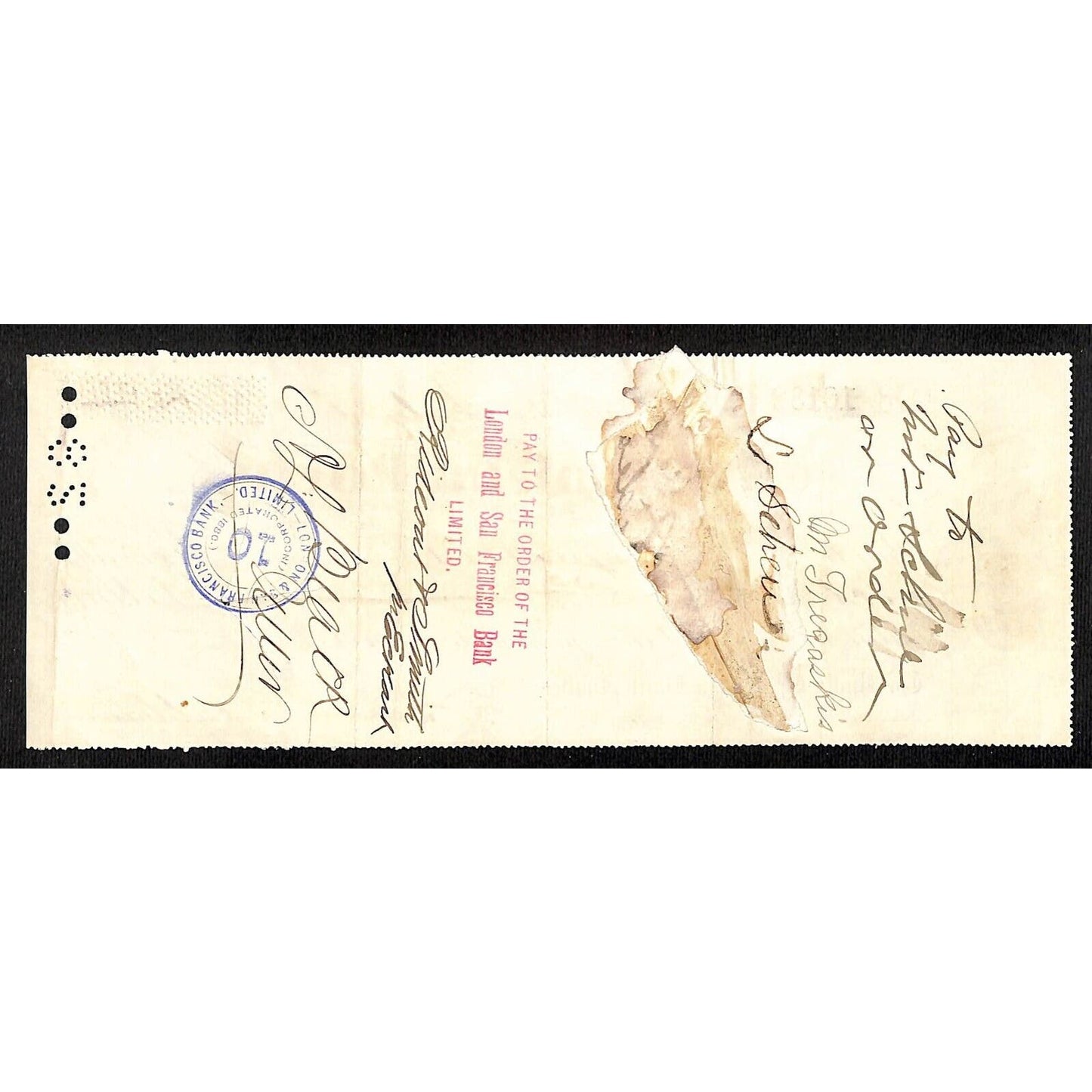 Bank of La Porte Check M. Tregaskis 1882 Mining Vignette RN-G1 #10139