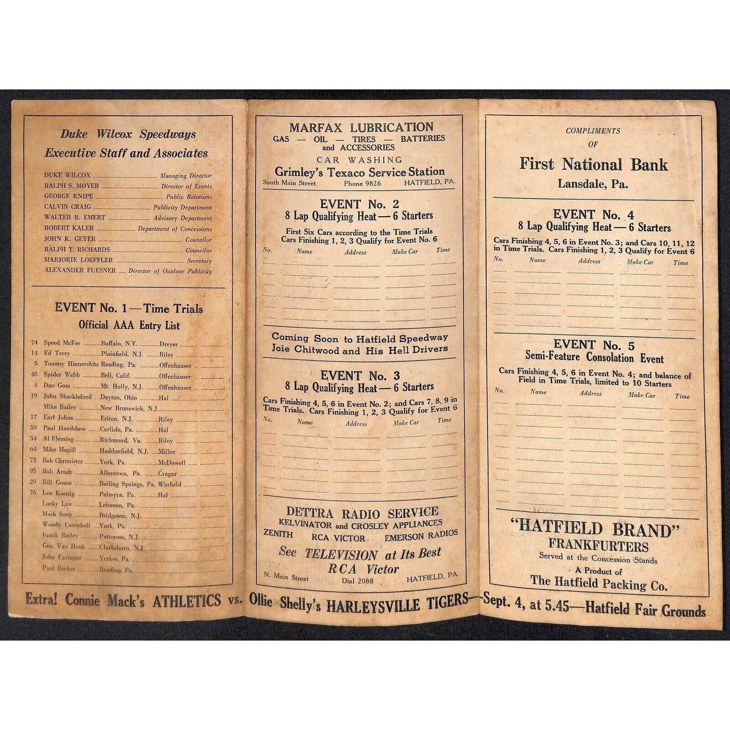 Hatfield Speedway / Duke Wilcox c1945-47* AAA Racing Program Tri-Fold Scarce