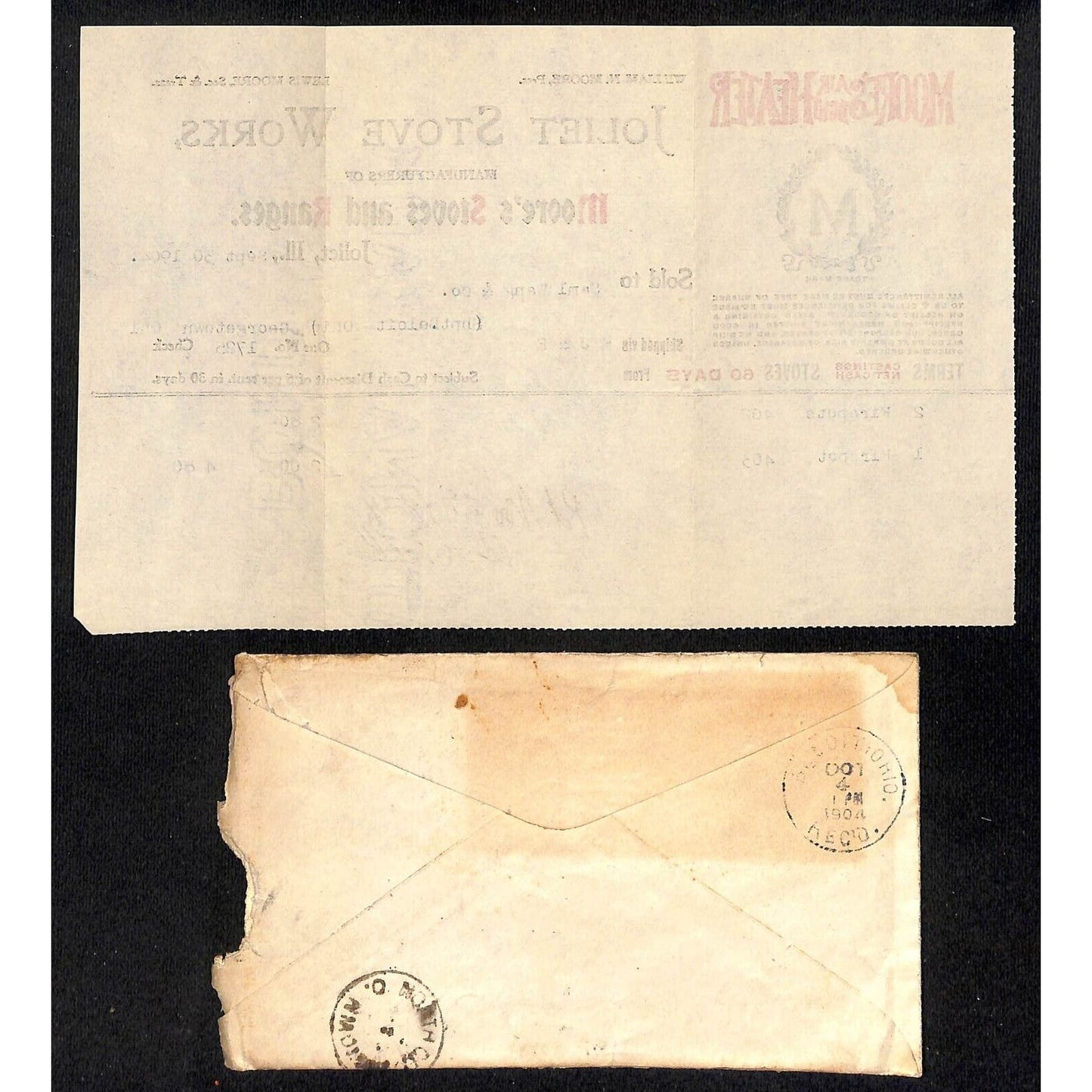Joliet Stove Works Samuel Wang Co* N. Georgetown 1912 Billhead & Cover w/ Color